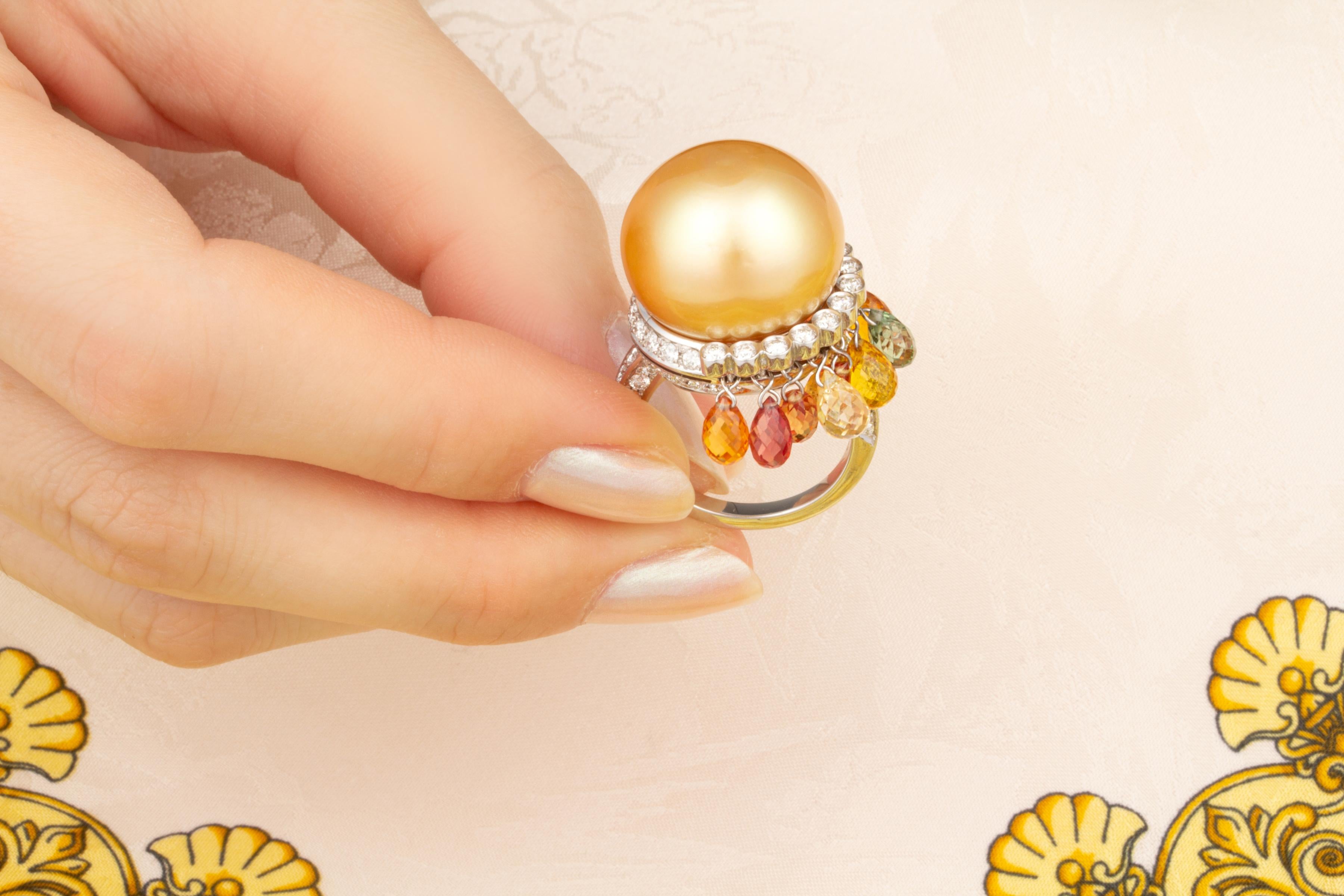 Golden Pearl 18mm Diamond Sapphire Briolette Cocktail Ring Design by Ella Gafter For Sale 2