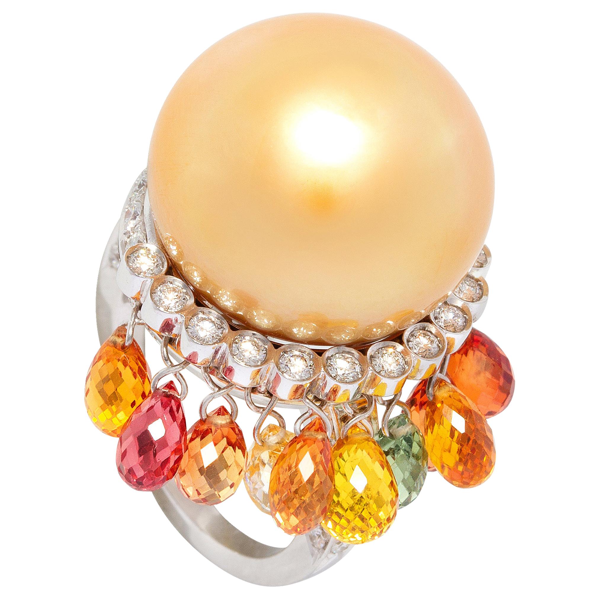 Ella Gafter Golden Pearl Diamond Cocktail Ring For Sale