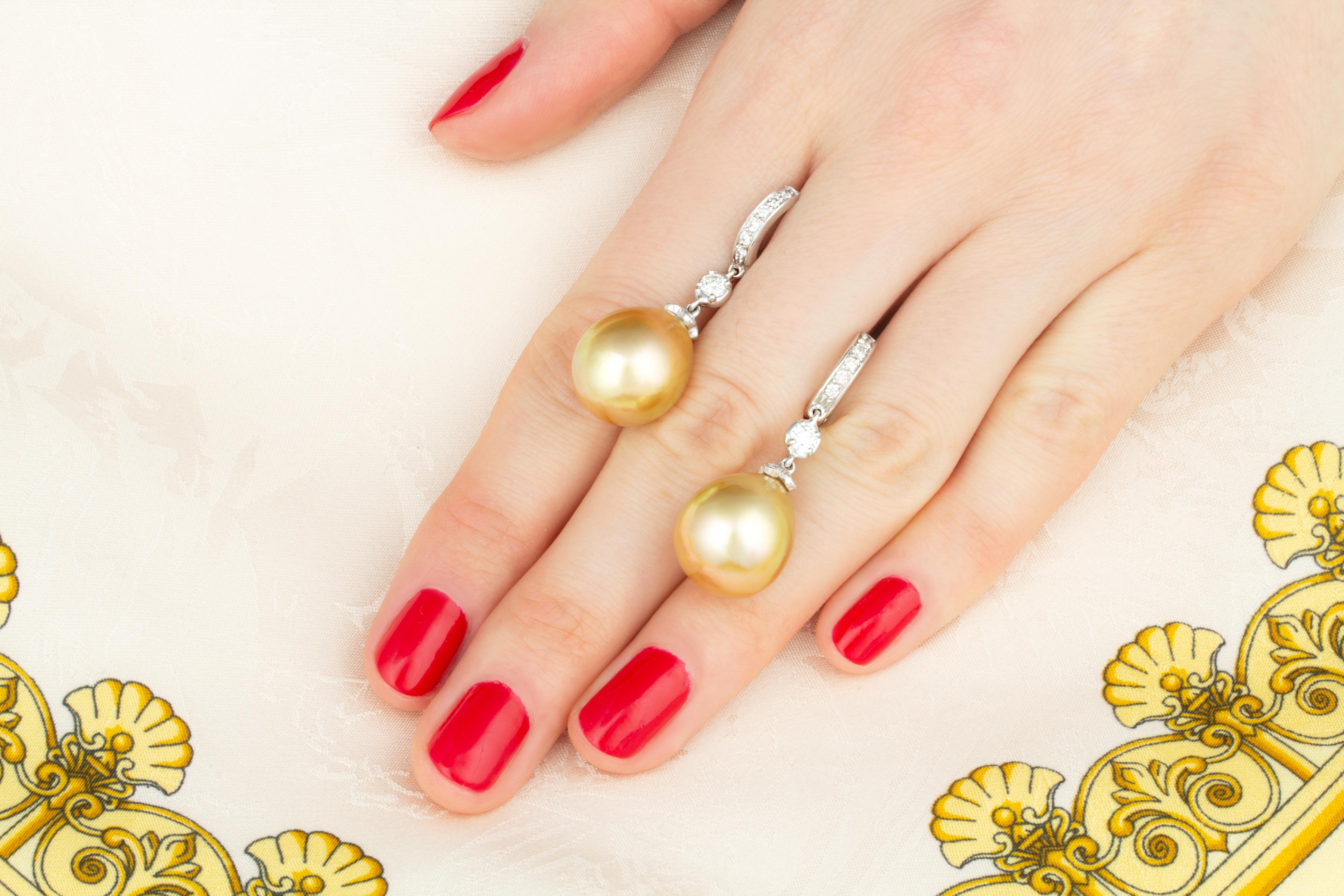 Artist Ella Gafter Golden Pearl Diamond Drop Hoop Earrings For Sale