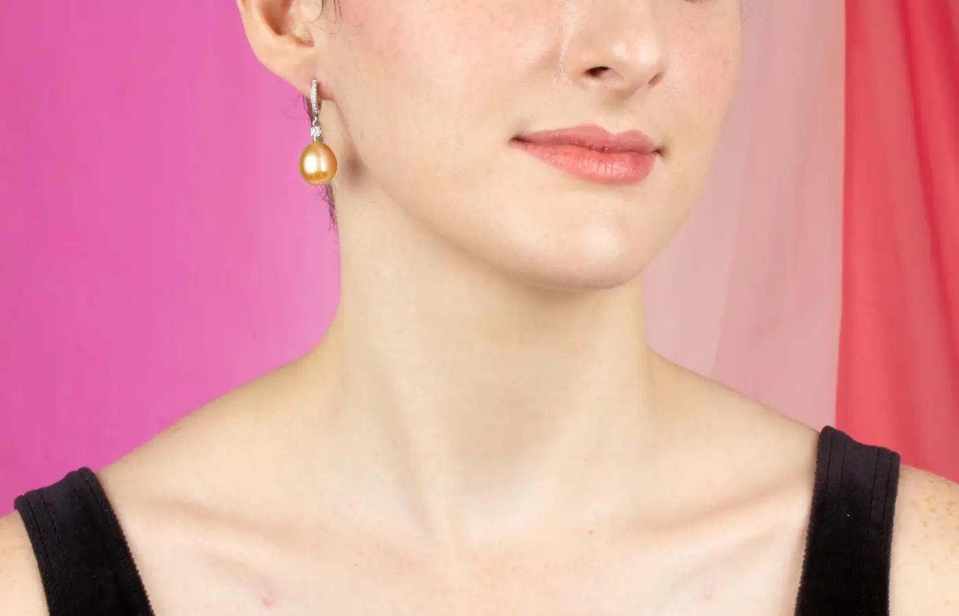 Ella Gafter Golden Pearl Diamond Drop Hoop Earrings For Sale 2