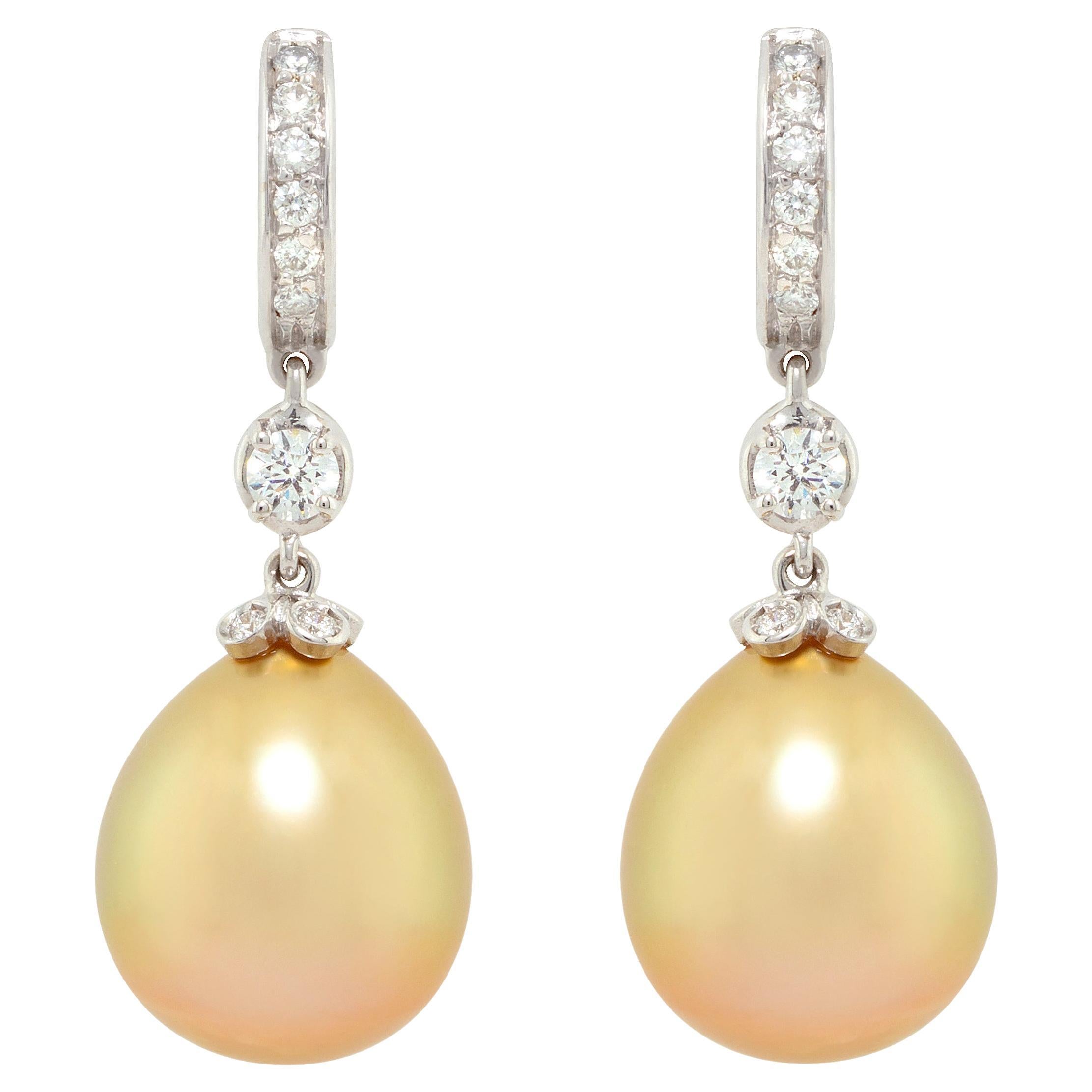 Ella Gafter Golden Pearl Diamond Drop Hoop Earrings For Sale