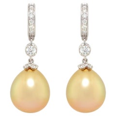 Ella Gafter Golden Pearl Diamond Drop Hoop Earrings