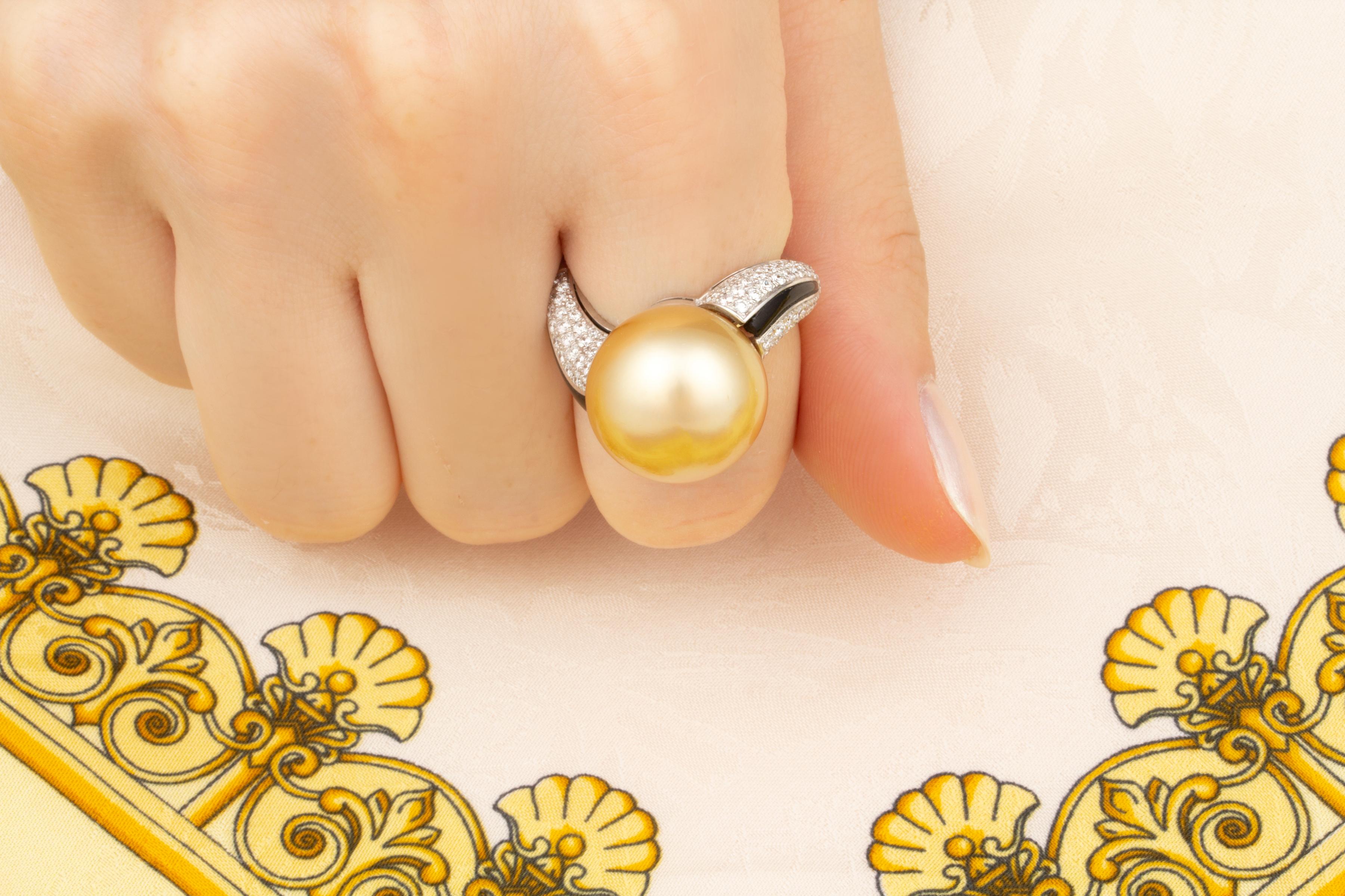 Artist Ella Gafter Golden Pearl Diamond Onyx Ring  For Sale