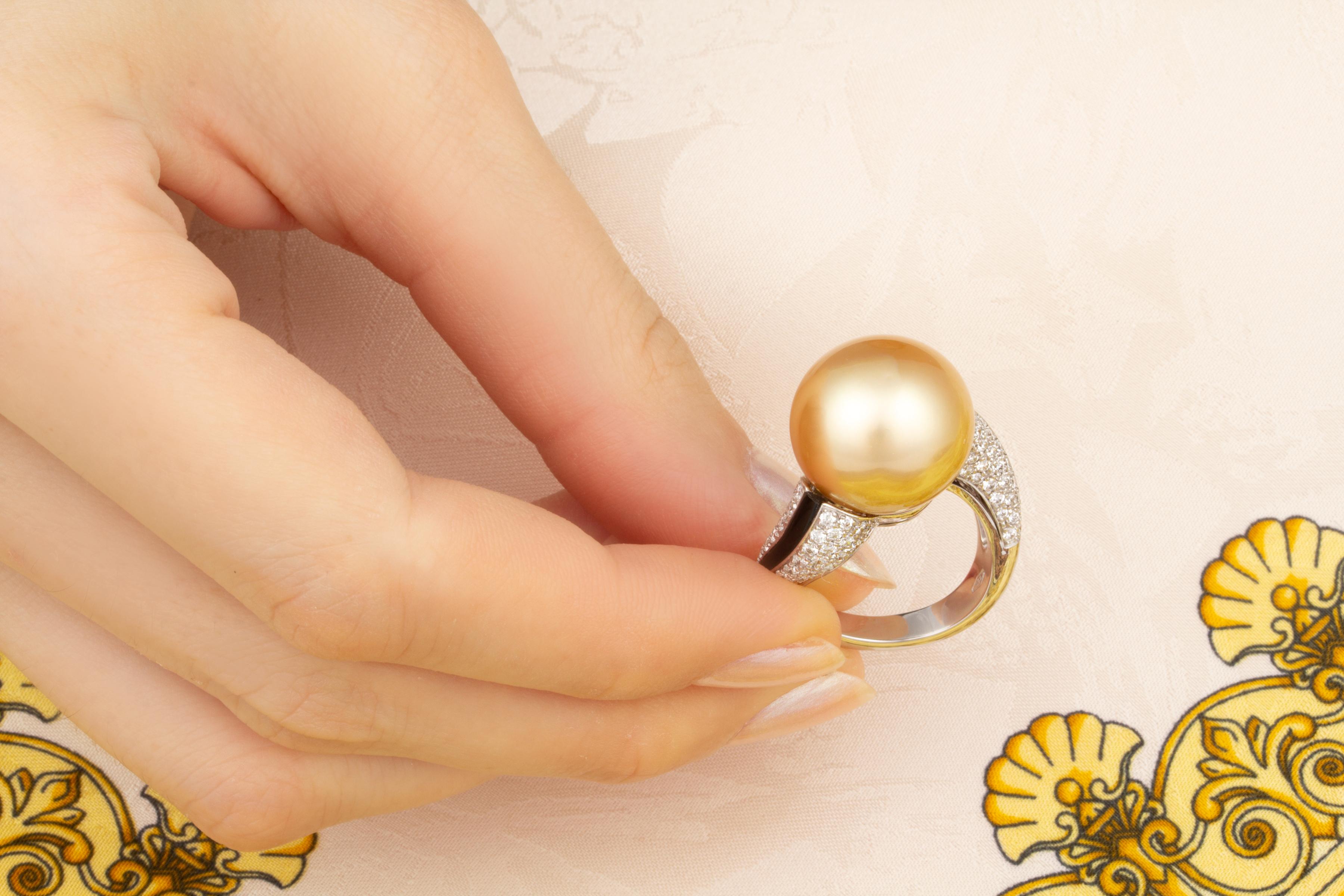 Brilliant Cut Ella Gafter Golden Pearl Diamond Onyx Ring  For Sale
