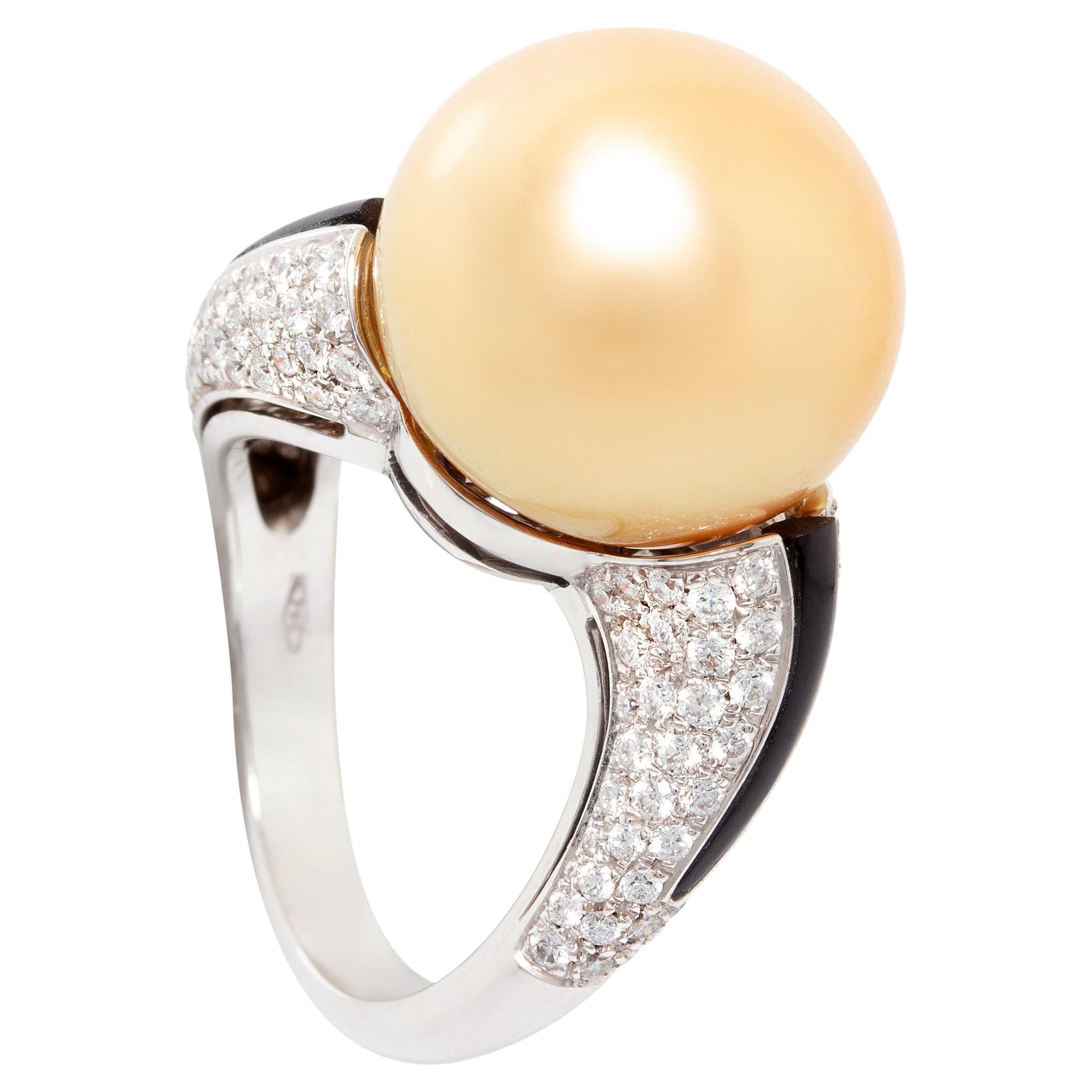 Ella Gafter Golden Pearl Diamond Onyx Ring  For Sale