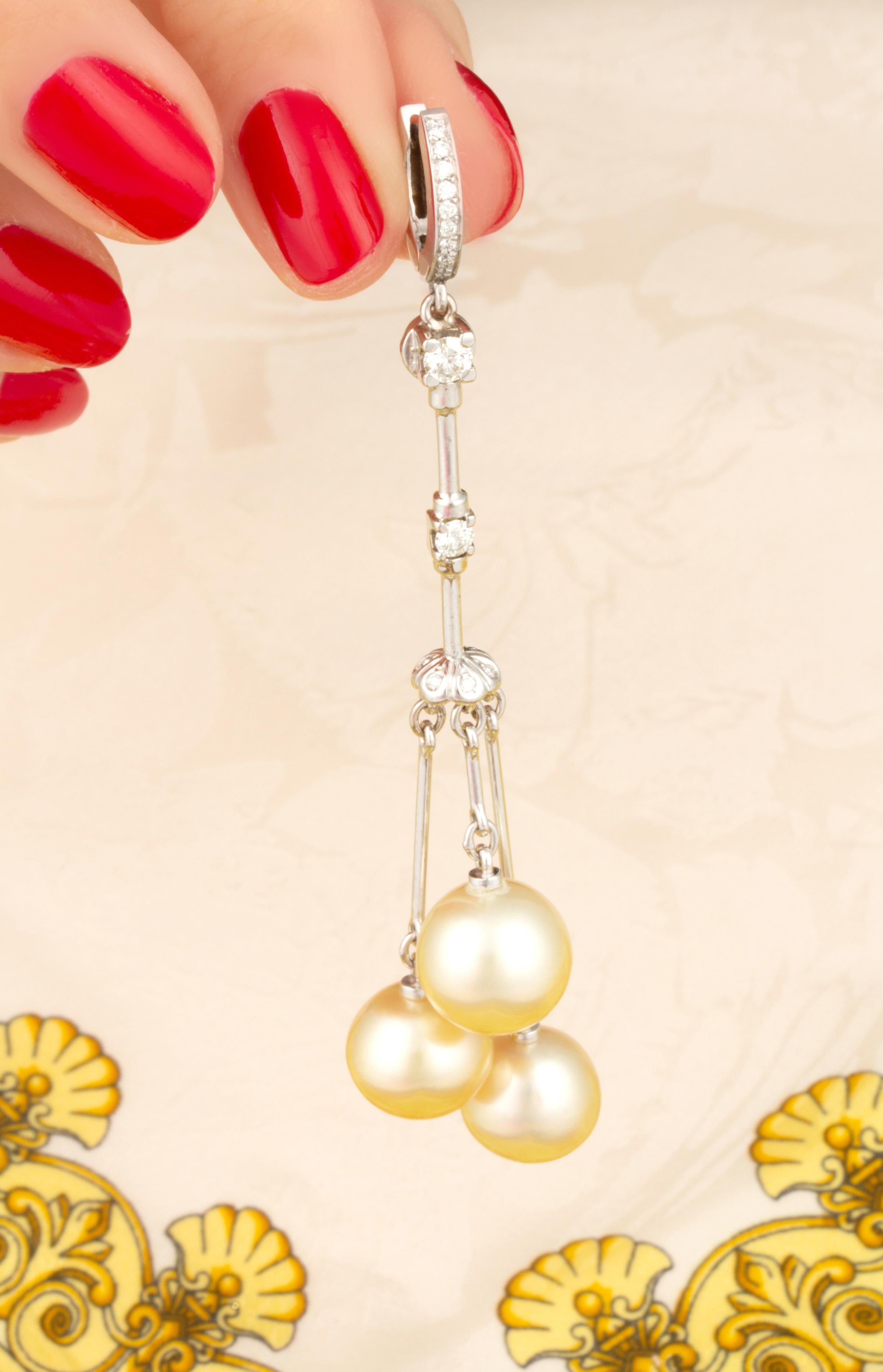 Ella Gafter Golden Pearl Diamond Tassel Chandelier Earrings For Sale 3