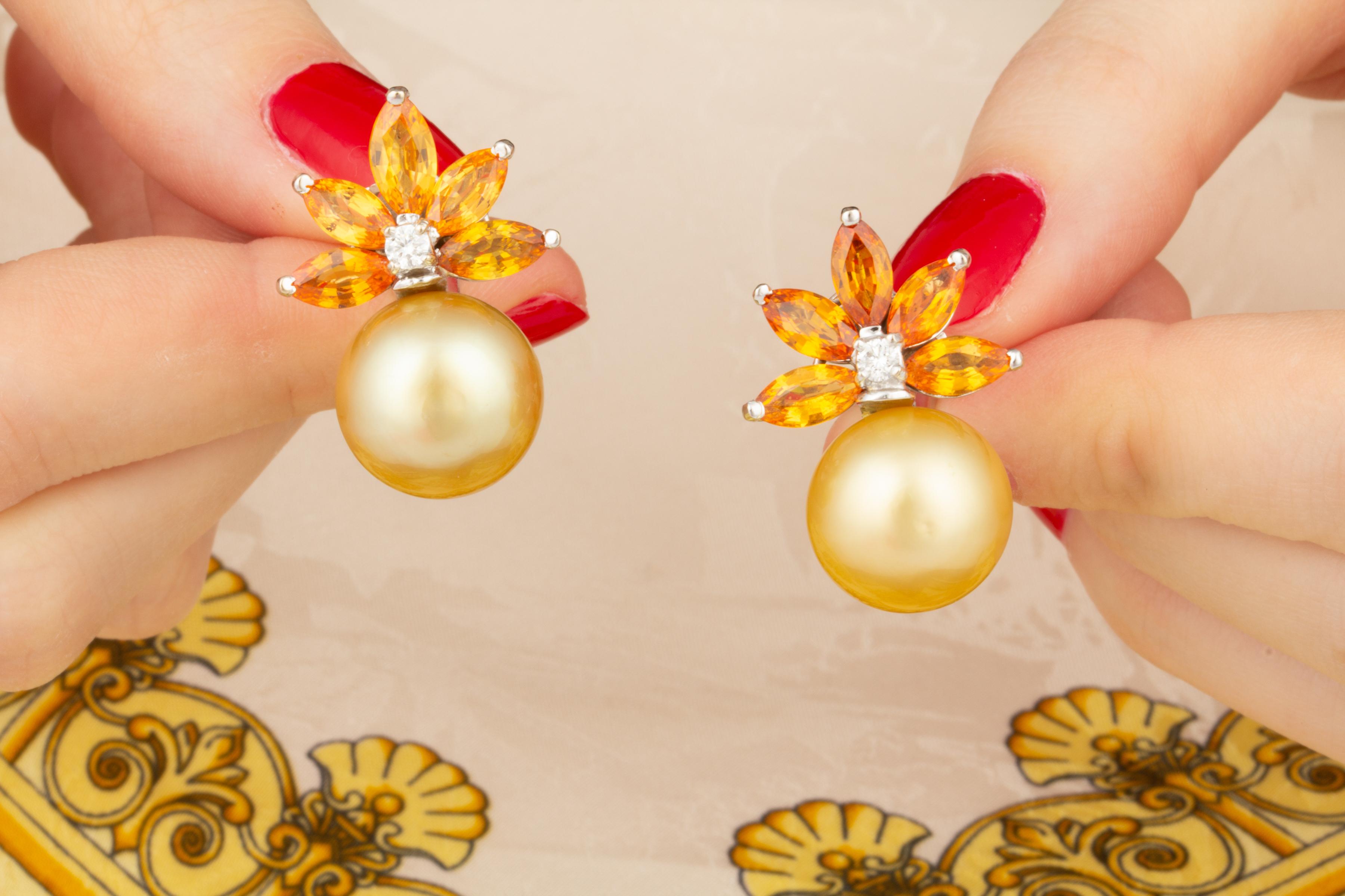 Ella Gafter Goldene Perlen-Saphir-Ohrringe (Marquiseschliff) im Angebot