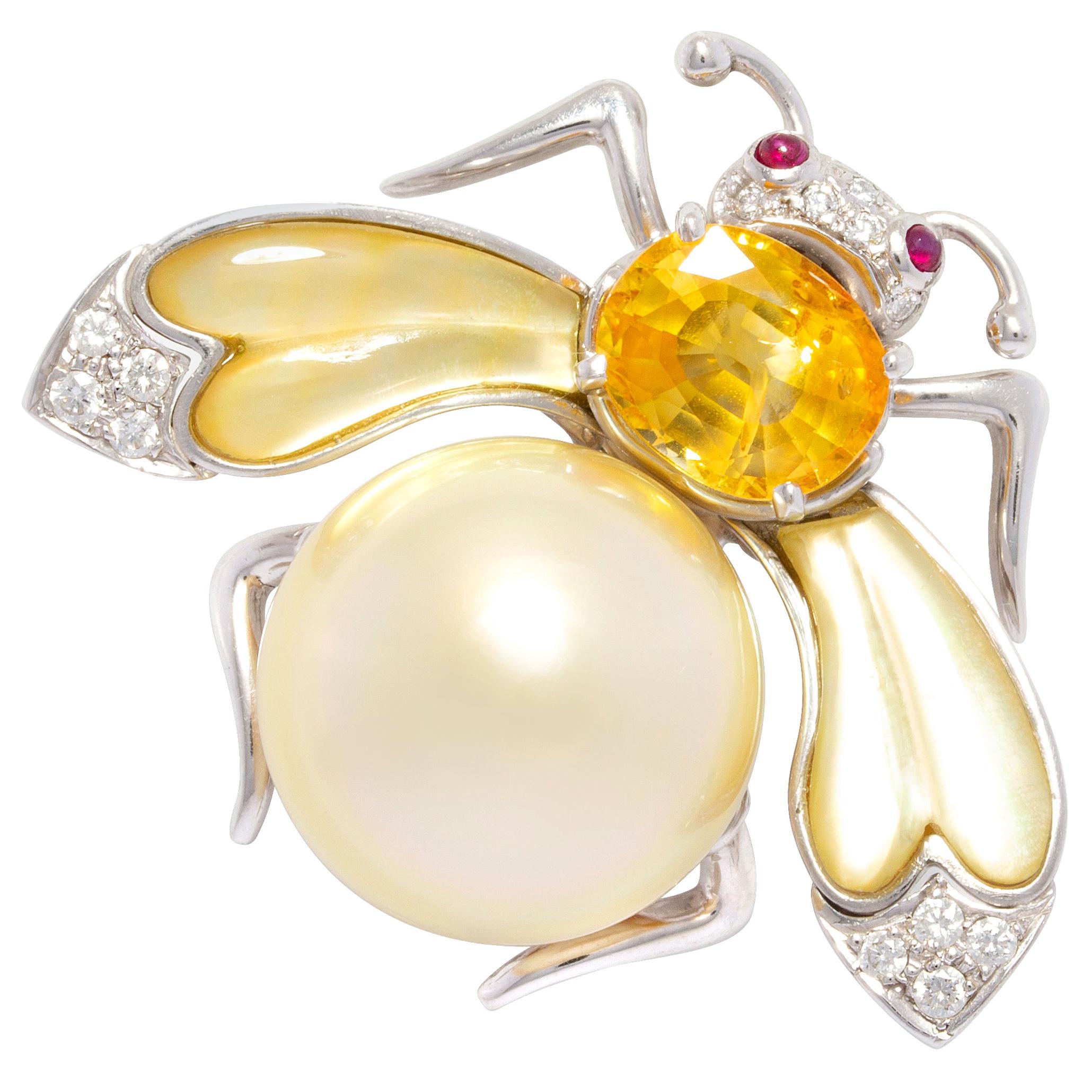Ella Gafter Bee Pearl Diamonds Pin Brooch For Sale