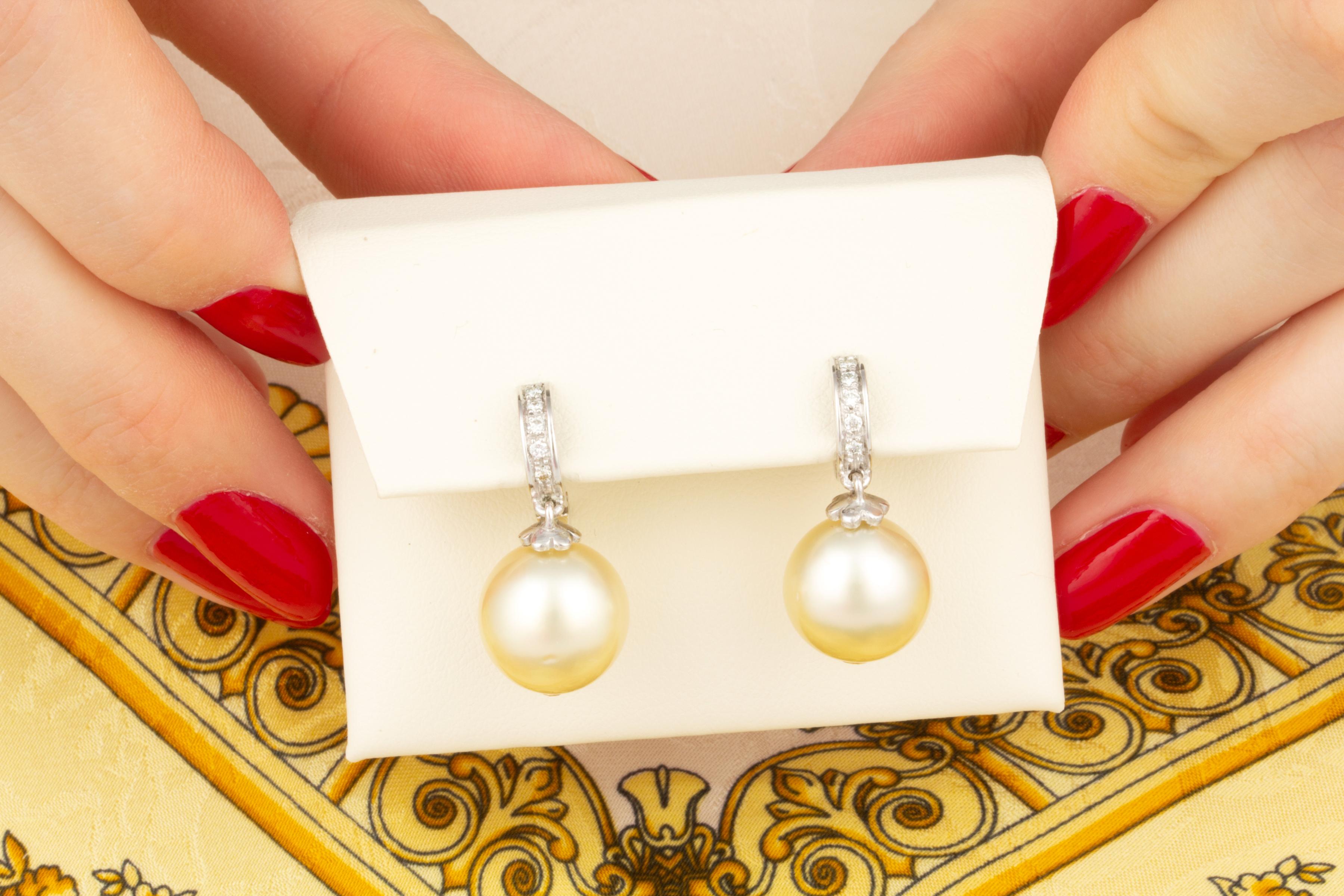 Brilliant Cut Ella Gafter Golden Pearl Drop Earrings For Sale
