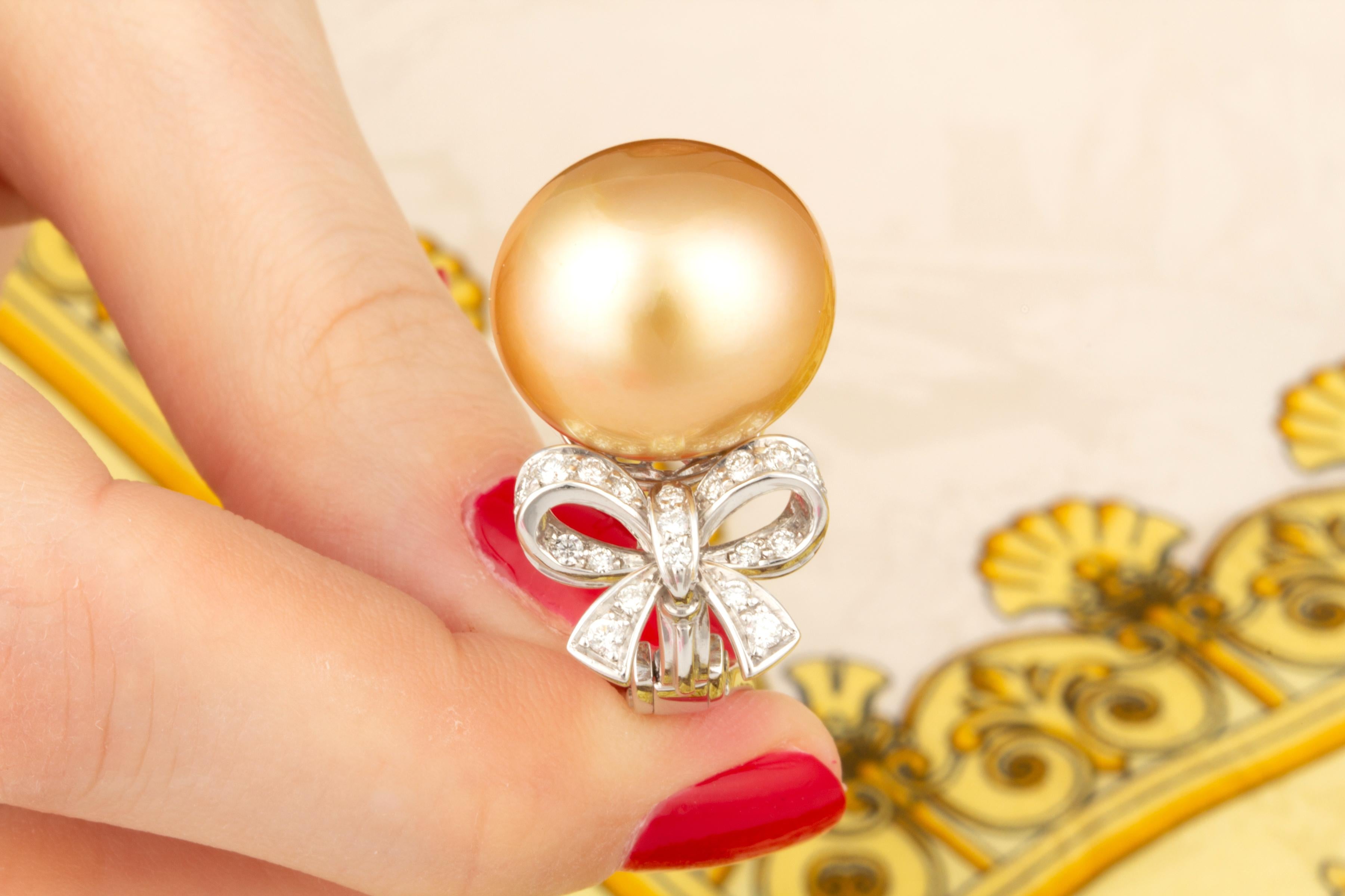 Brilliant Cut Ella Gafter Golden Pearl Diamond Bow Earrings For Sale