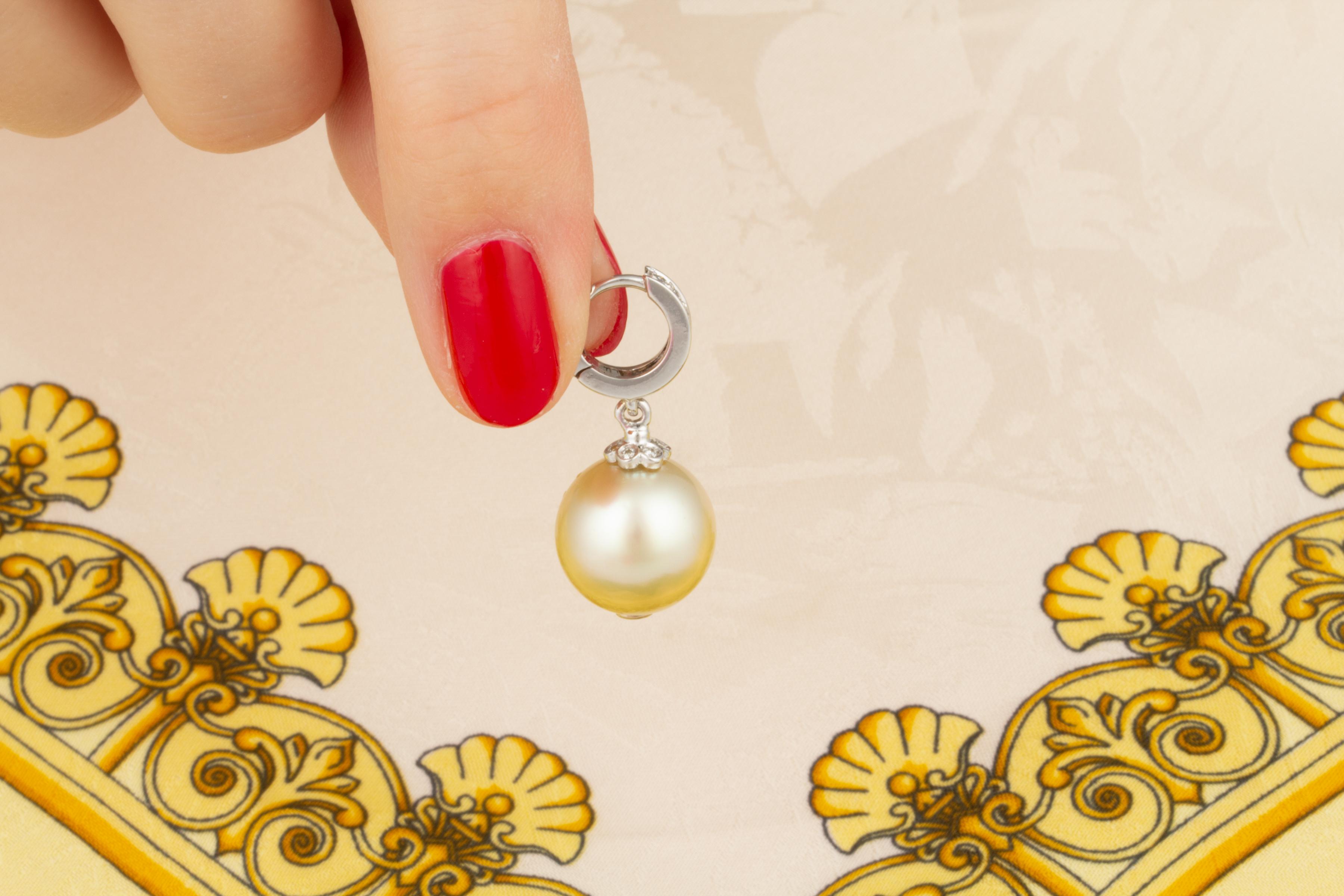 Ella Gafter 12.5mm Pearl Diamond Drop Earrings For Sale 1