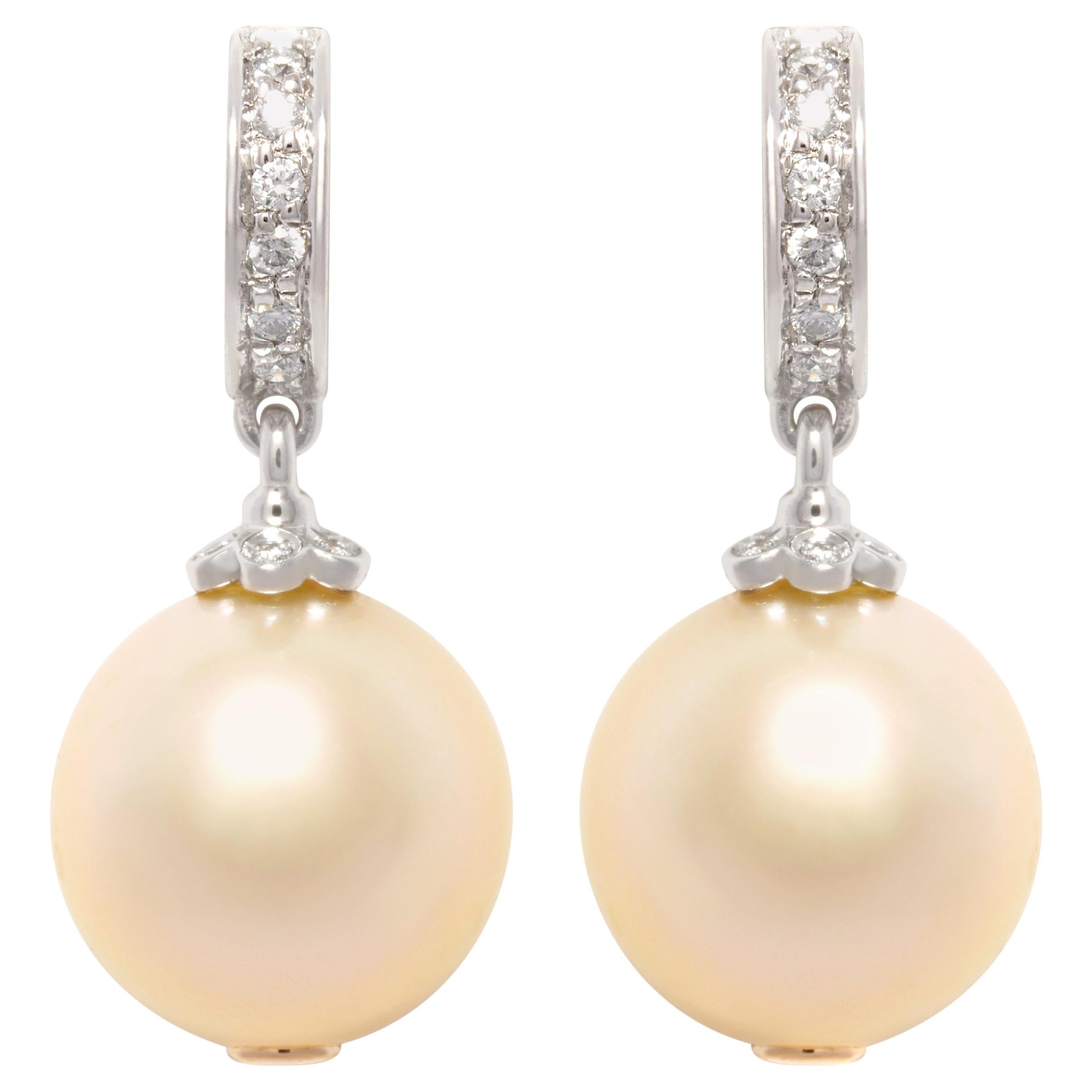 Golden South Sea Pearl Diamond Drop Earrings Design by Ella Gafter