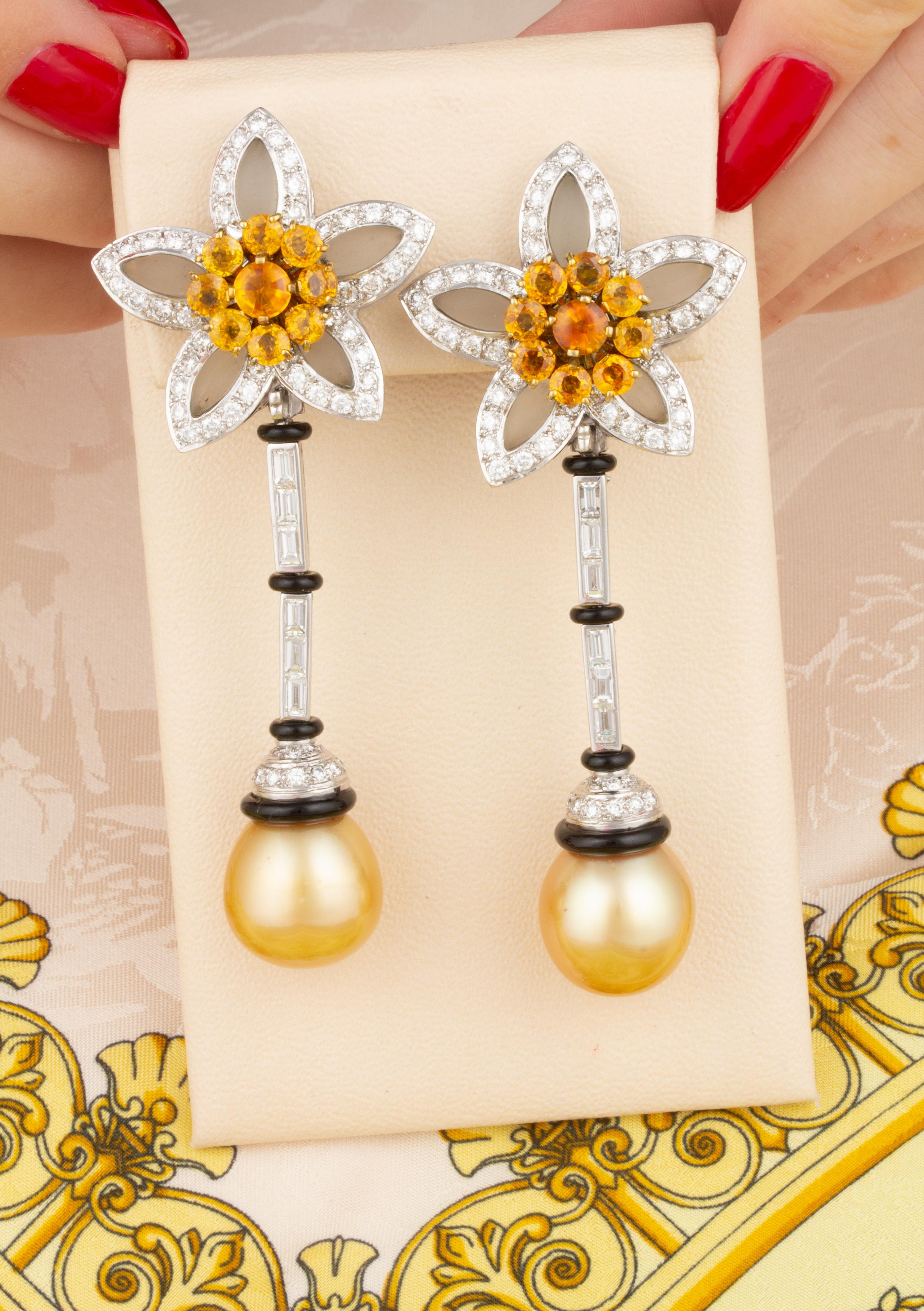 Baguette Cut Golden Pearl Yellow Sapphire Diamond Drop Earrings Tremblant Design Ella Gafter For Sale