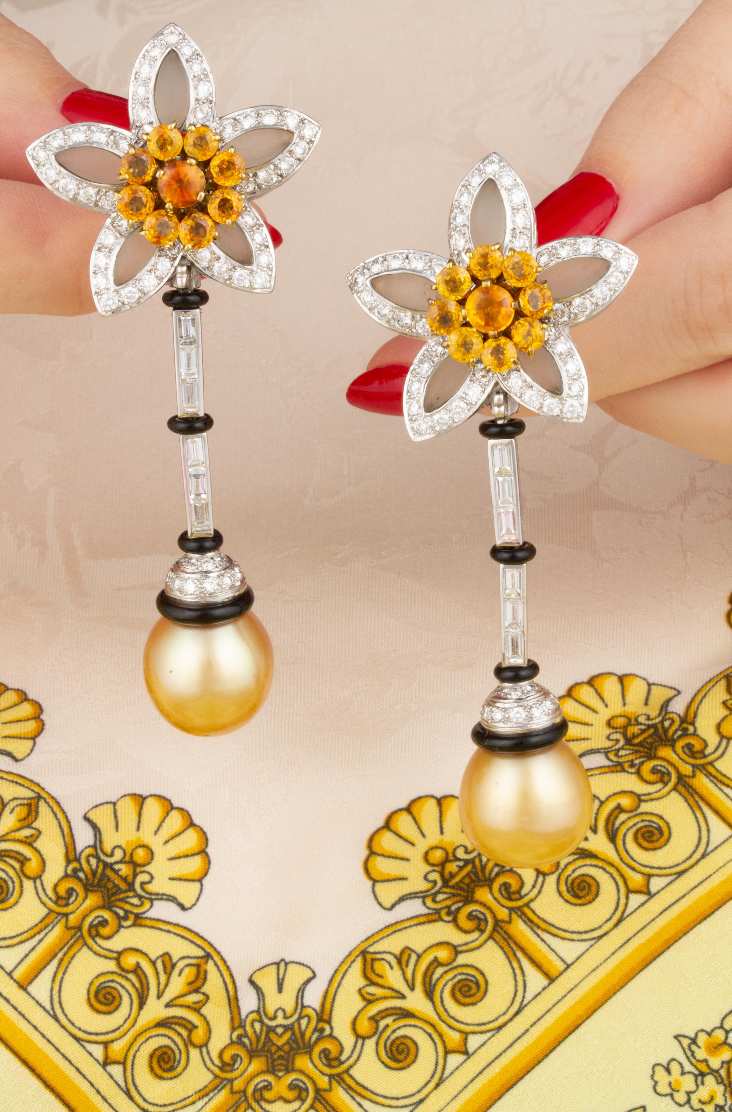Golden Pearl Yellow Sapphire Diamond Drop Earrings Tremblant Design Ella Gafter In New Condition For Sale In New York, NY