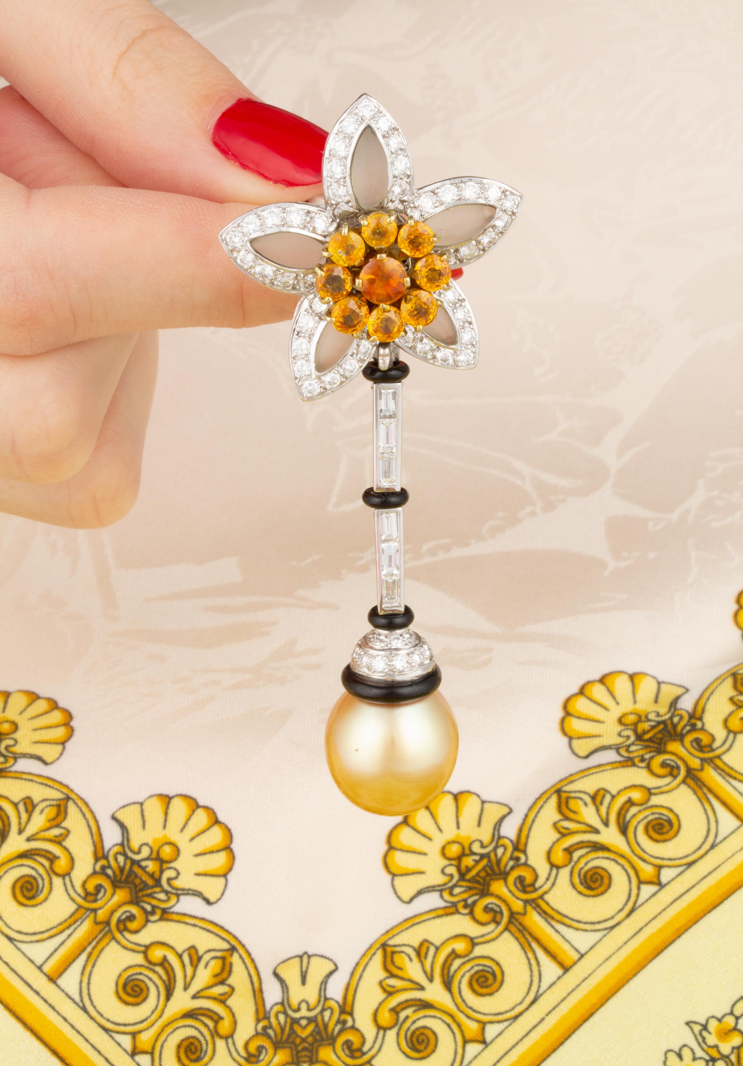 Women's Golden Pearl Yellow Sapphire Diamond Drop Earrings Tremblant Design Ella Gafter For Sale