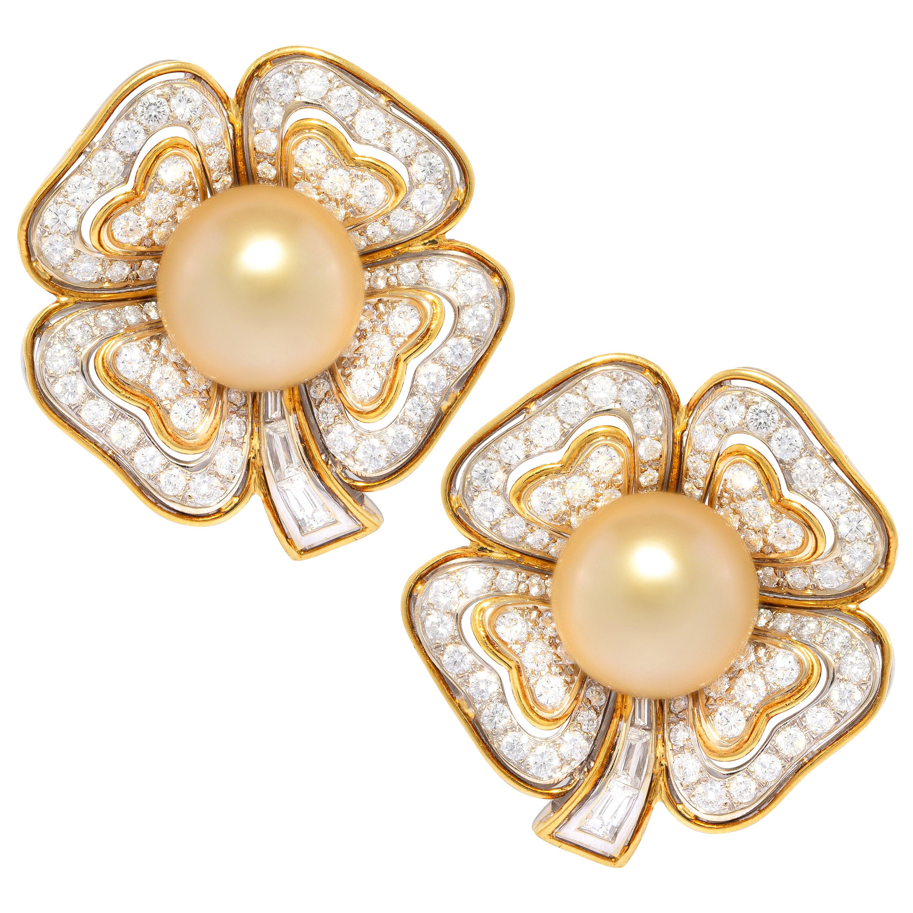 Ella Gafter 14.5mm Golden South Sea Pearl Diamond Earrings For Sale