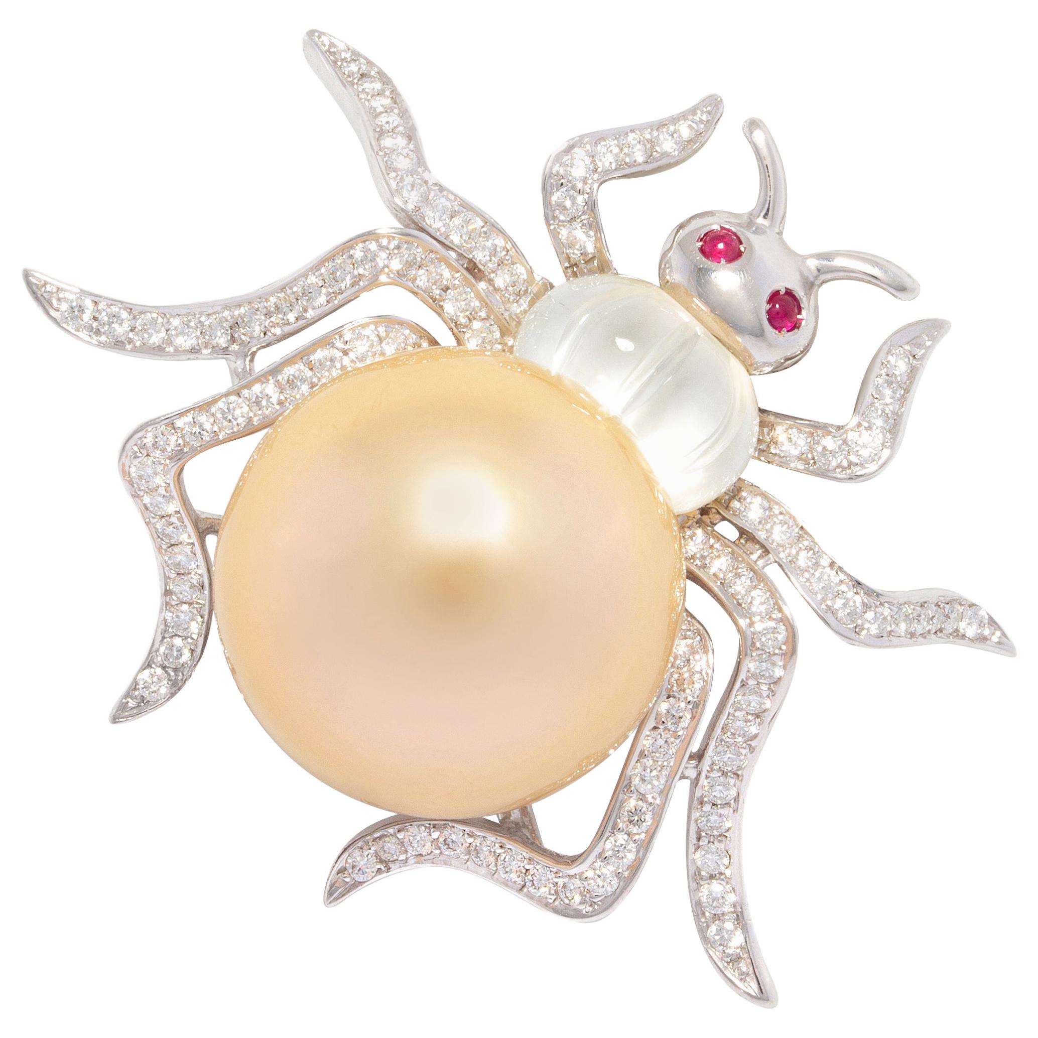 Ella Gafter 19mm Pearl Diamond Spider Brooch Pin For Sale