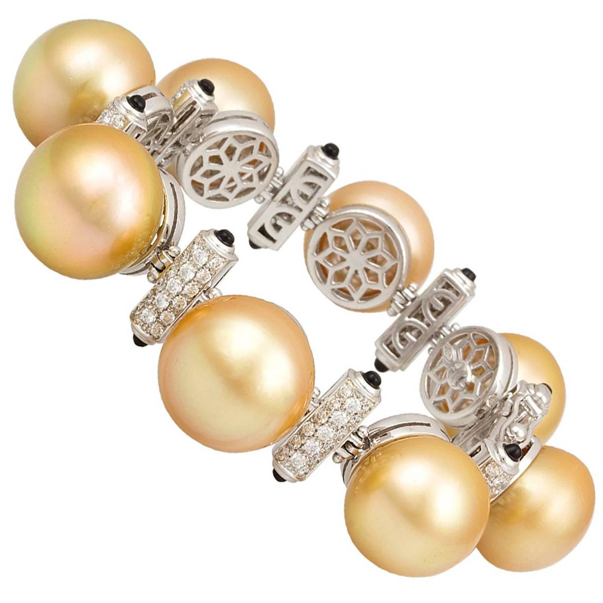 Ella Gafter Golden Pearl Diamond Onyx Cuff Bracelet 