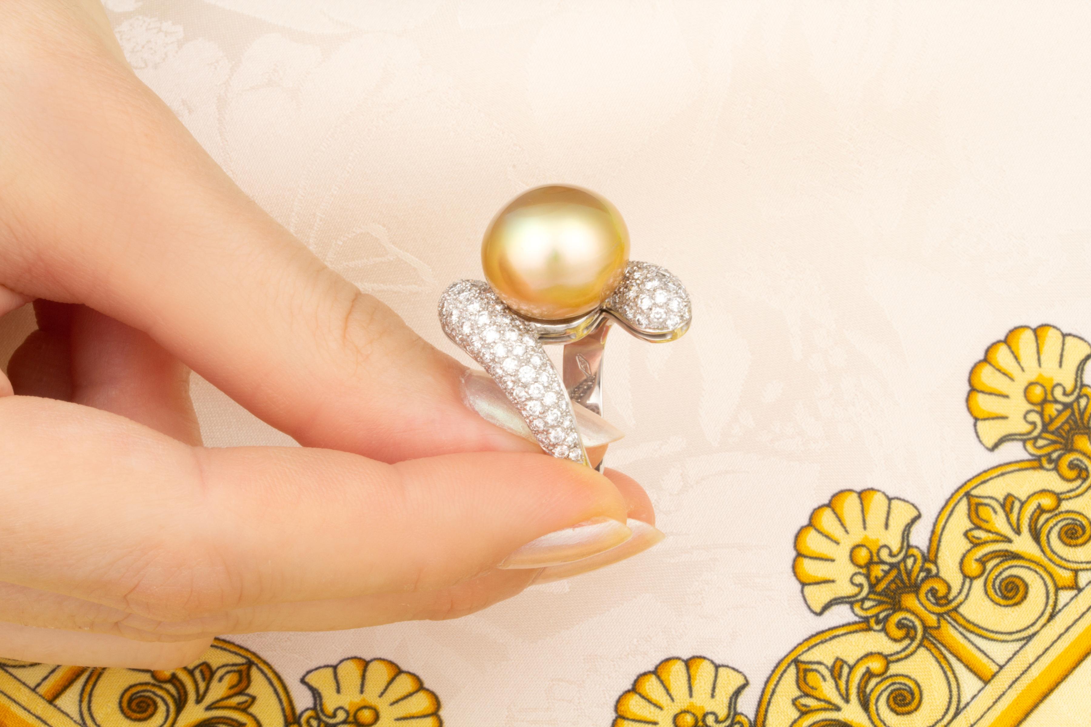 Ella Gafter Golden South Sea Pearl Diamond Cocktail Ring For Sale 4