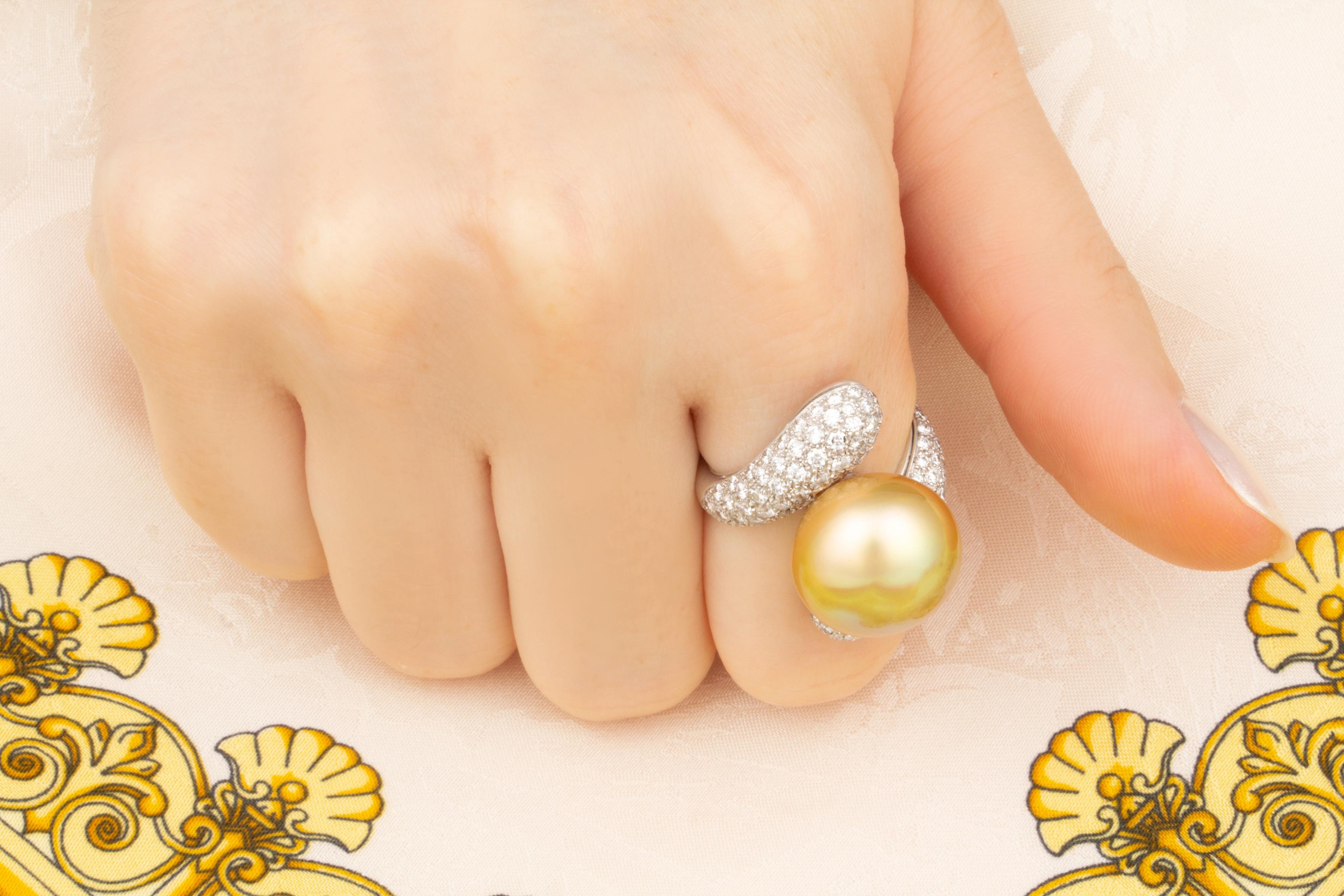 Women's Ella Gafter Golden South Sea Pearl Diamond Cocktail Ring For Sale