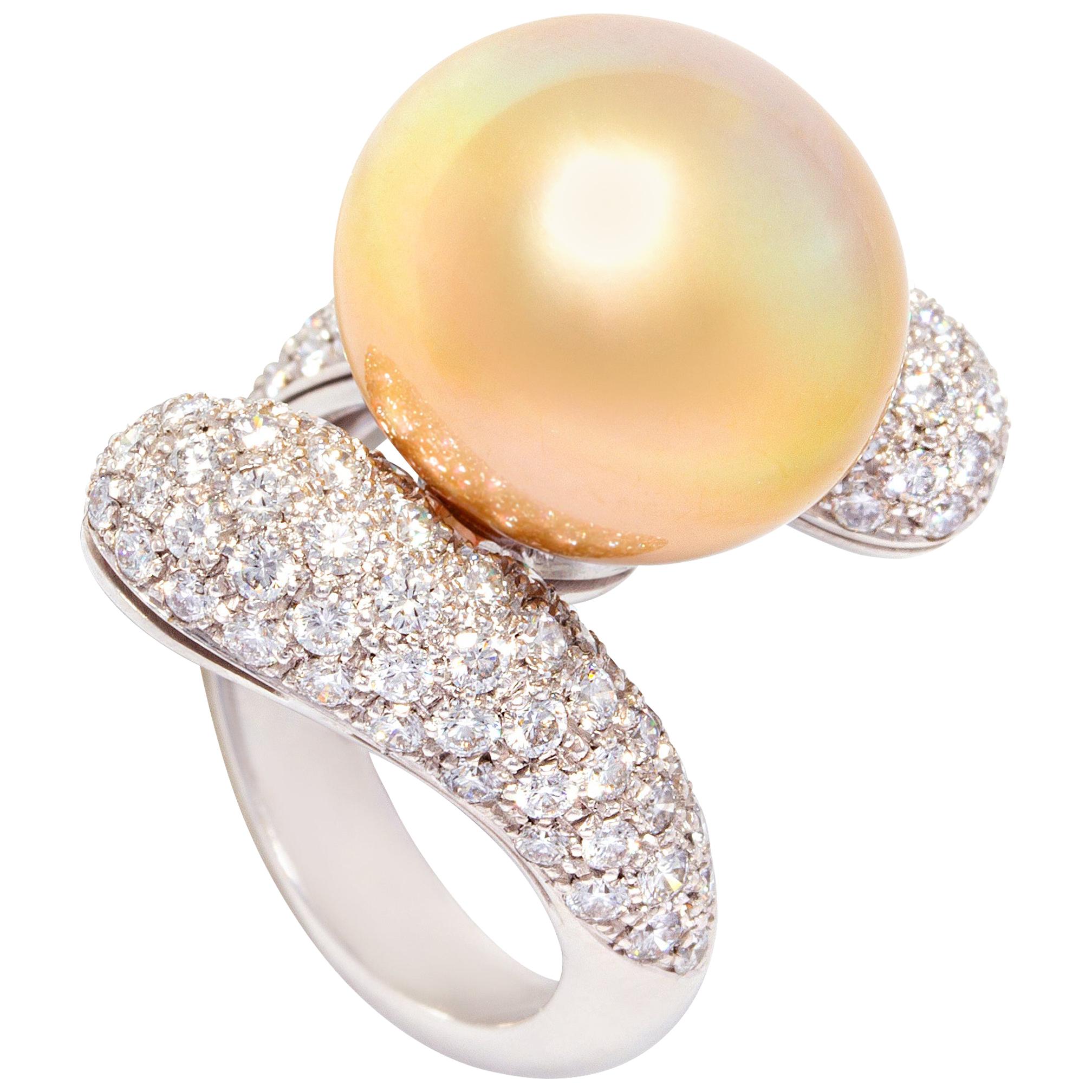 Ella Gafter Golden South Sea Pearl Diamond Cocktail Ring For Sale