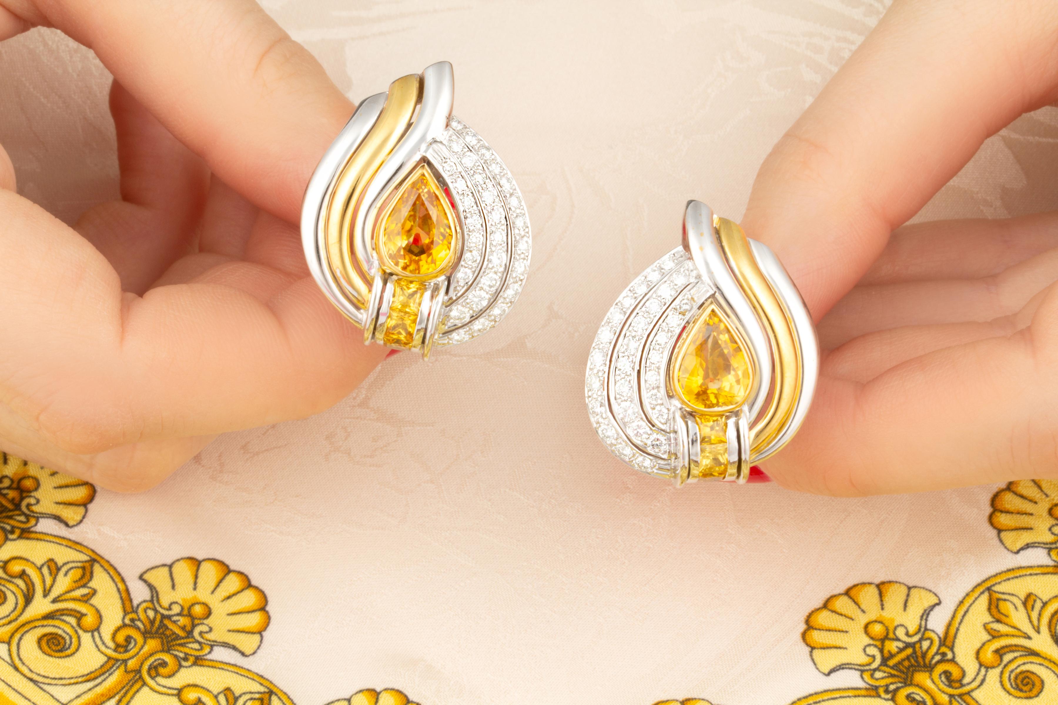 Artist Yellow Sapphire Diamond Clip-On Earrings Design by Ella Gafter For Sale