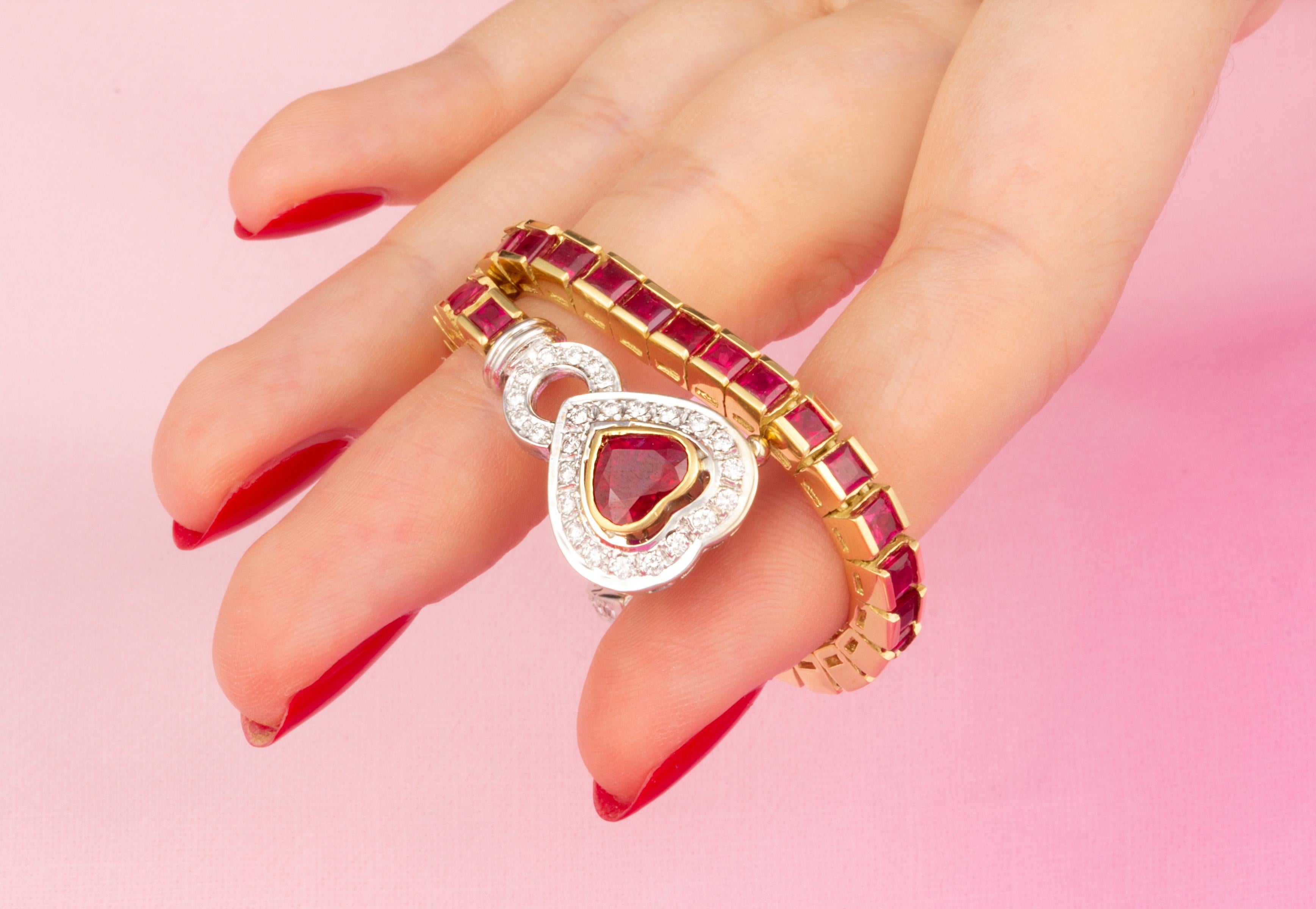 Ella Gafter Heart Shape Ruby Diamond Color Line Bracelet In New Condition For Sale In New York, NY