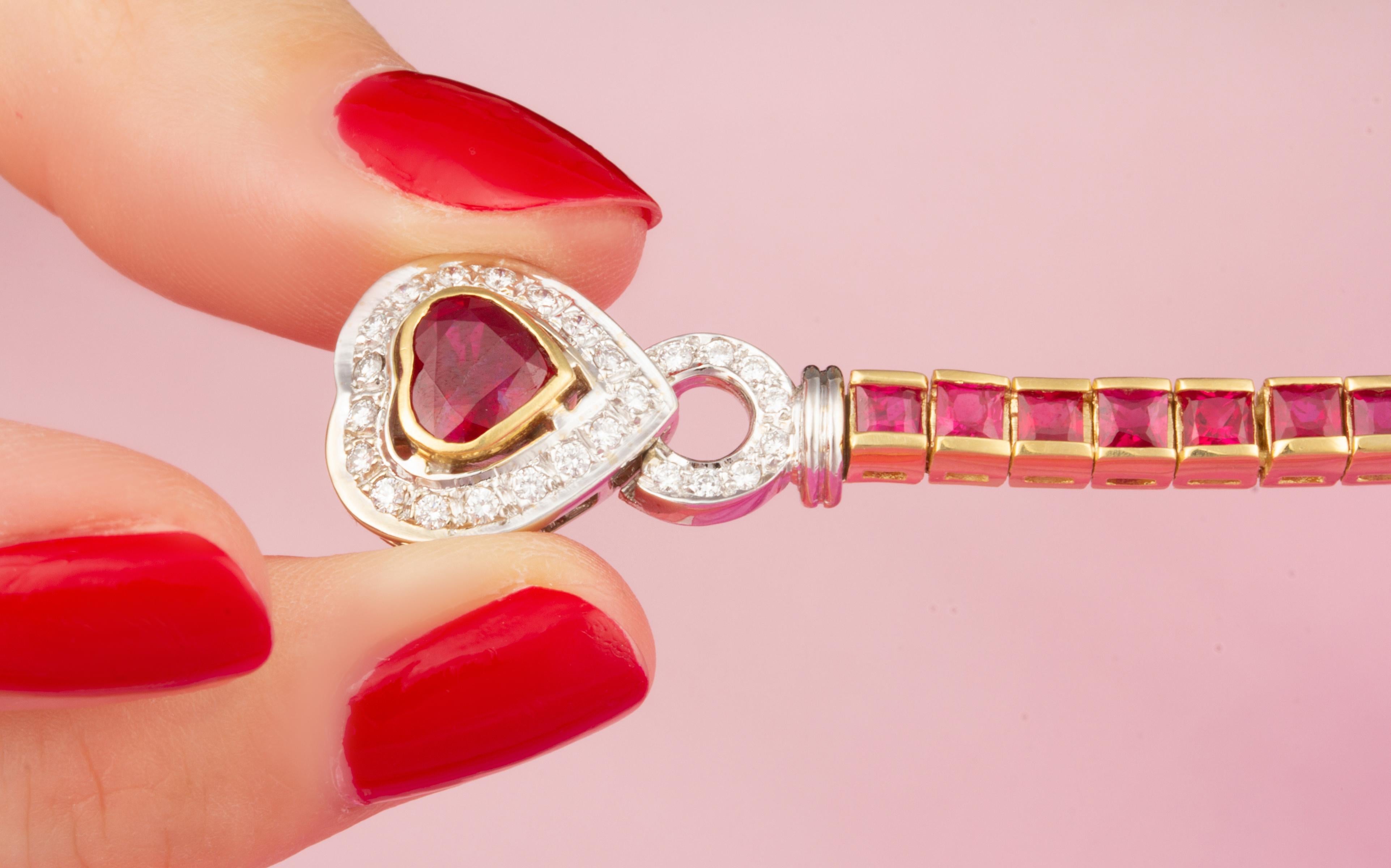 Ella Gafter Heart Shape Ruby Diamond Color Line Bracelet For Sale 1