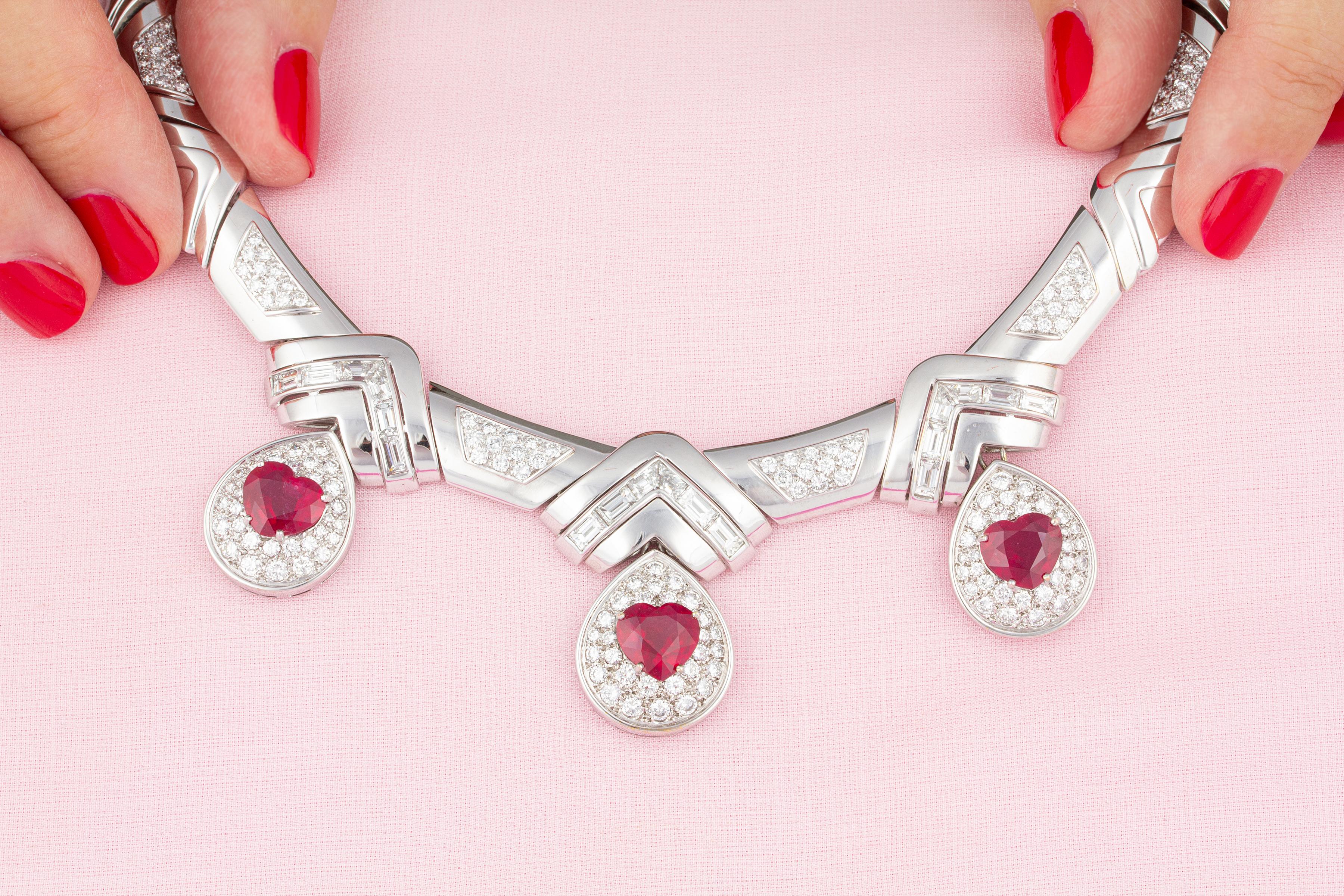 Heart Cut Ella Gafter Heart Shape Ruby Diamond Necklace For Sale
