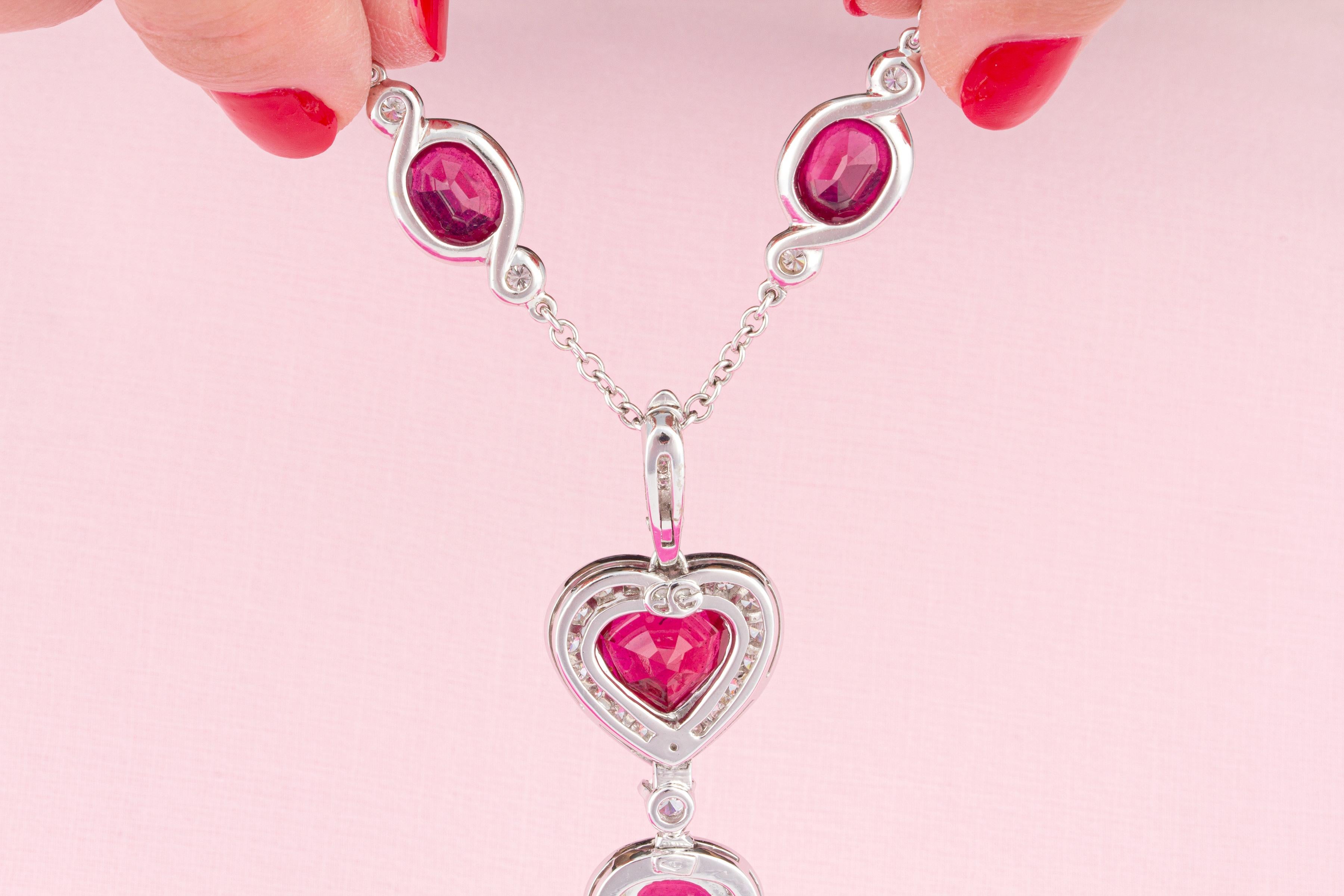 Brilliant Cut Ella Gafter Heart Shape Ruby Diamond Pearl Pendant Necklace For Sale