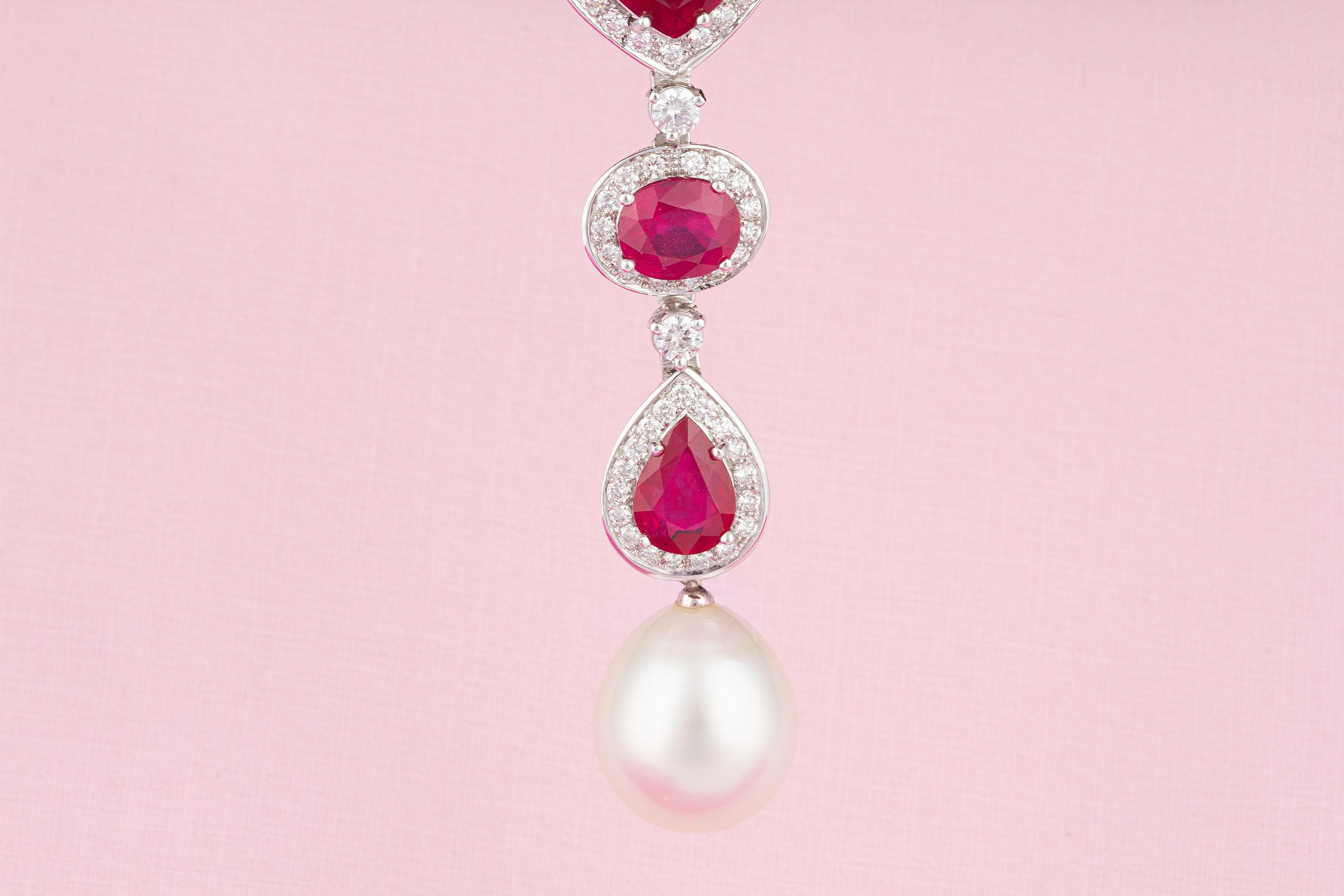 Ella Gafter Heart Shape Ruby Diamond Pearl Pendant Necklace In New Condition For Sale In New York, NY