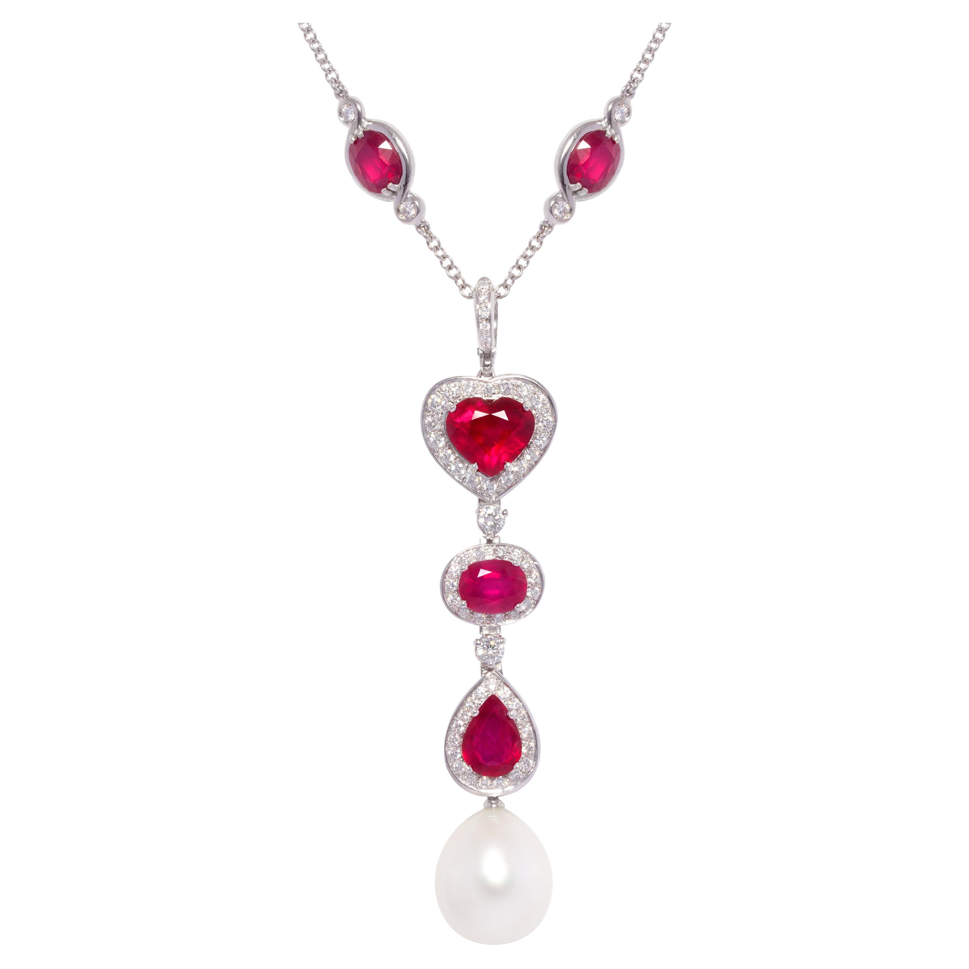 Ella Gafter Heart Shape Ruby Diamond Pearl Pendant Necklace For Sale