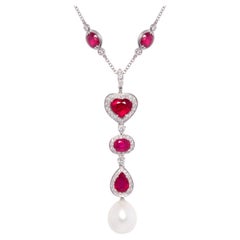 Ella Gafter Heart Shape Ruby Diamond Pearl Pendant Necklace