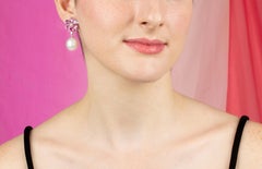 Heart Shape Sapphire South Sea Pearl Diamond Drop Earrings Design by Ella Gafter