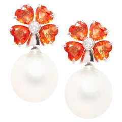 Heart Shape Sapphire South Sea Pearl Diamond Drop Earrings Design by Ella Gafter
