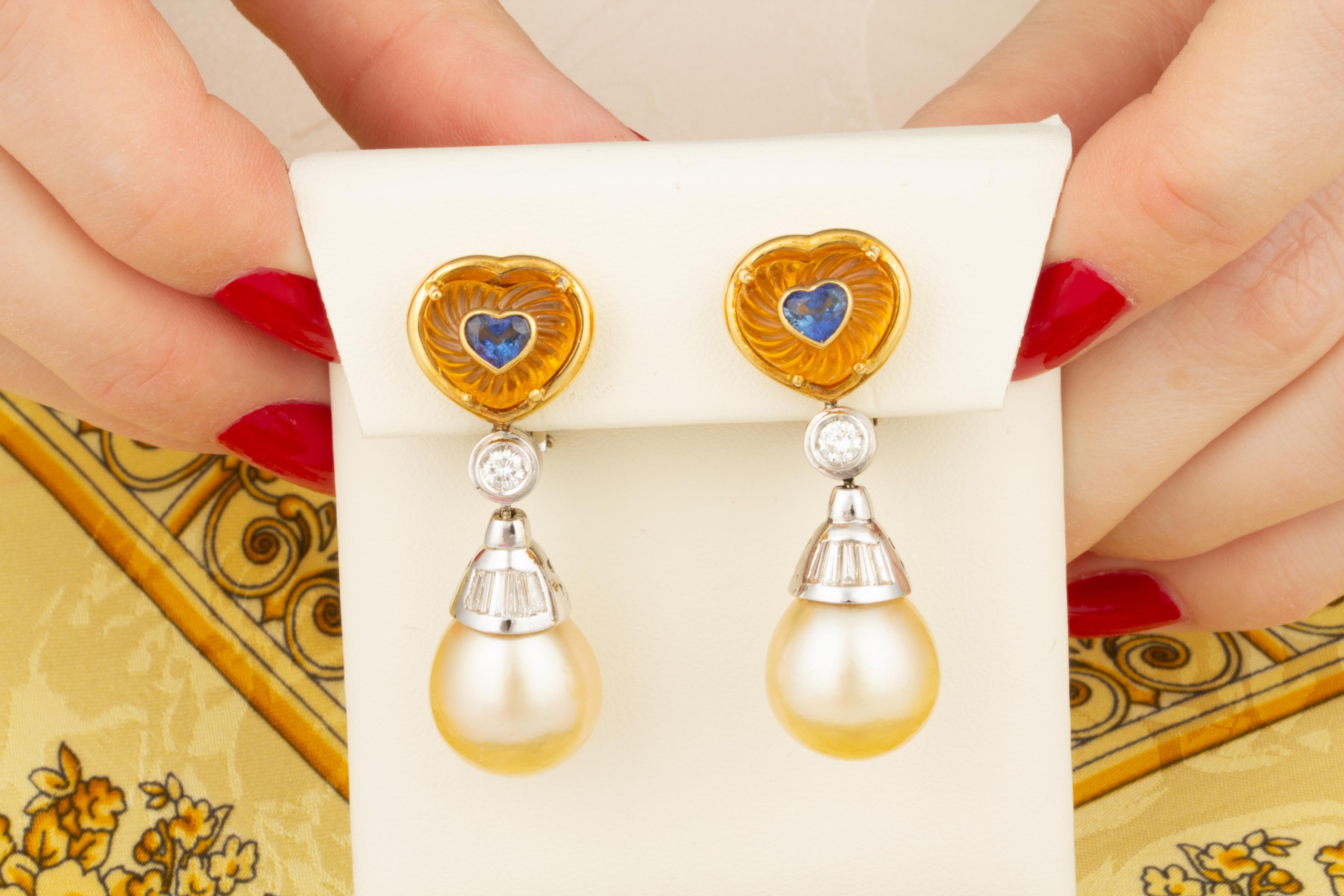 Artist Ella Gafter Heart Shape Sapphire Pearl Diamond Earrings For Sale