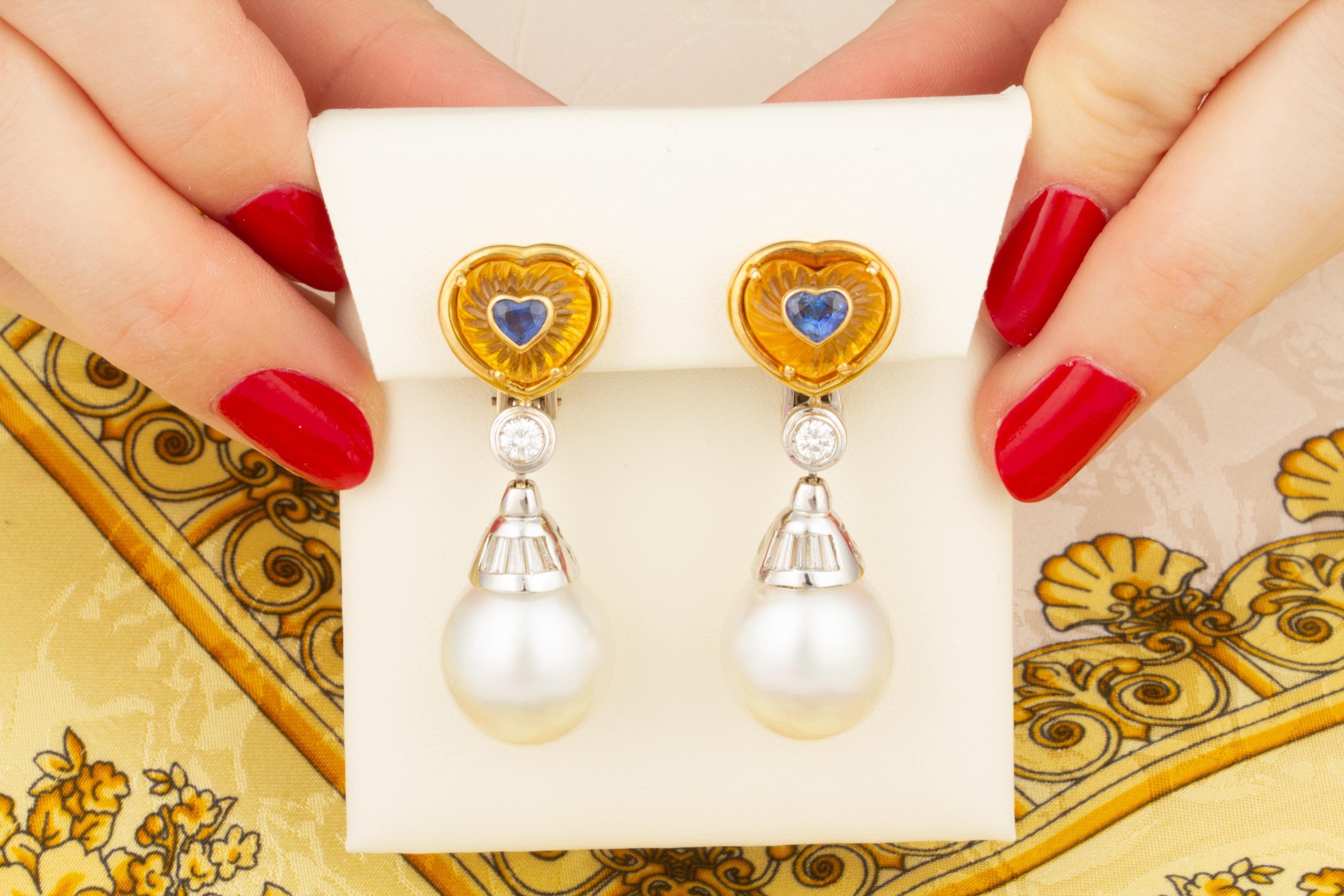 Artist Ella Gafter Heart Shape Sapphire Pearl Diamond Earrings For Sale