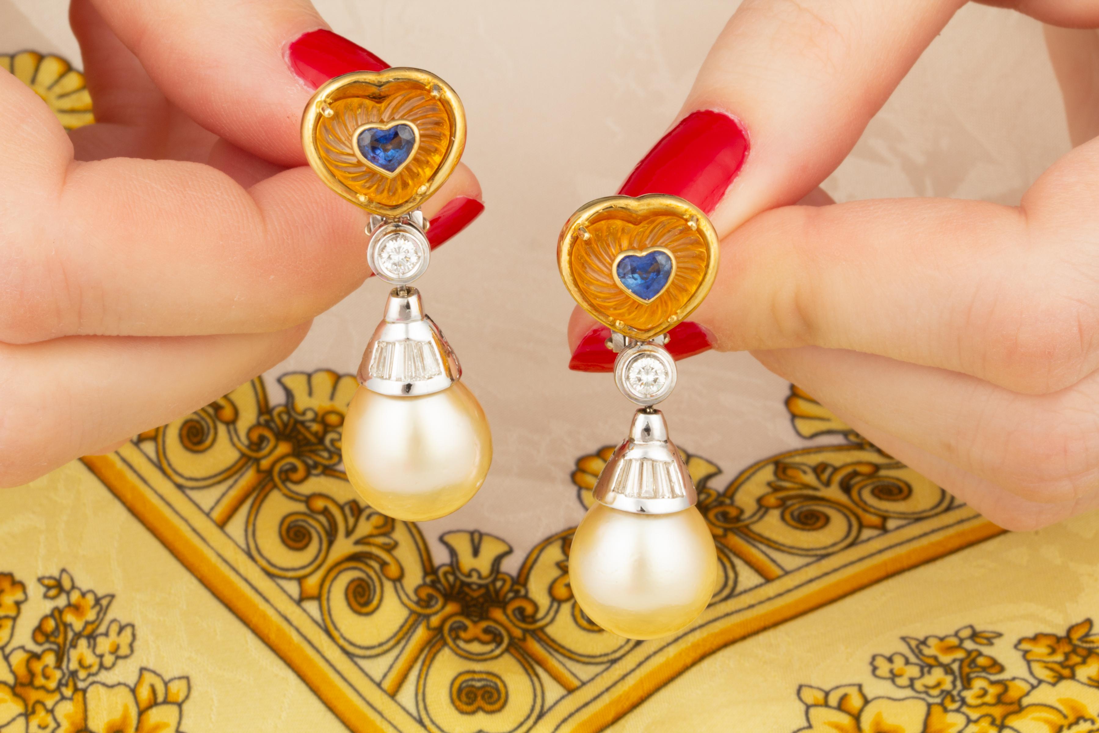 Heart Cut Ella Gafter Heart Shape Sapphire Pearl Diamond Earrings For Sale