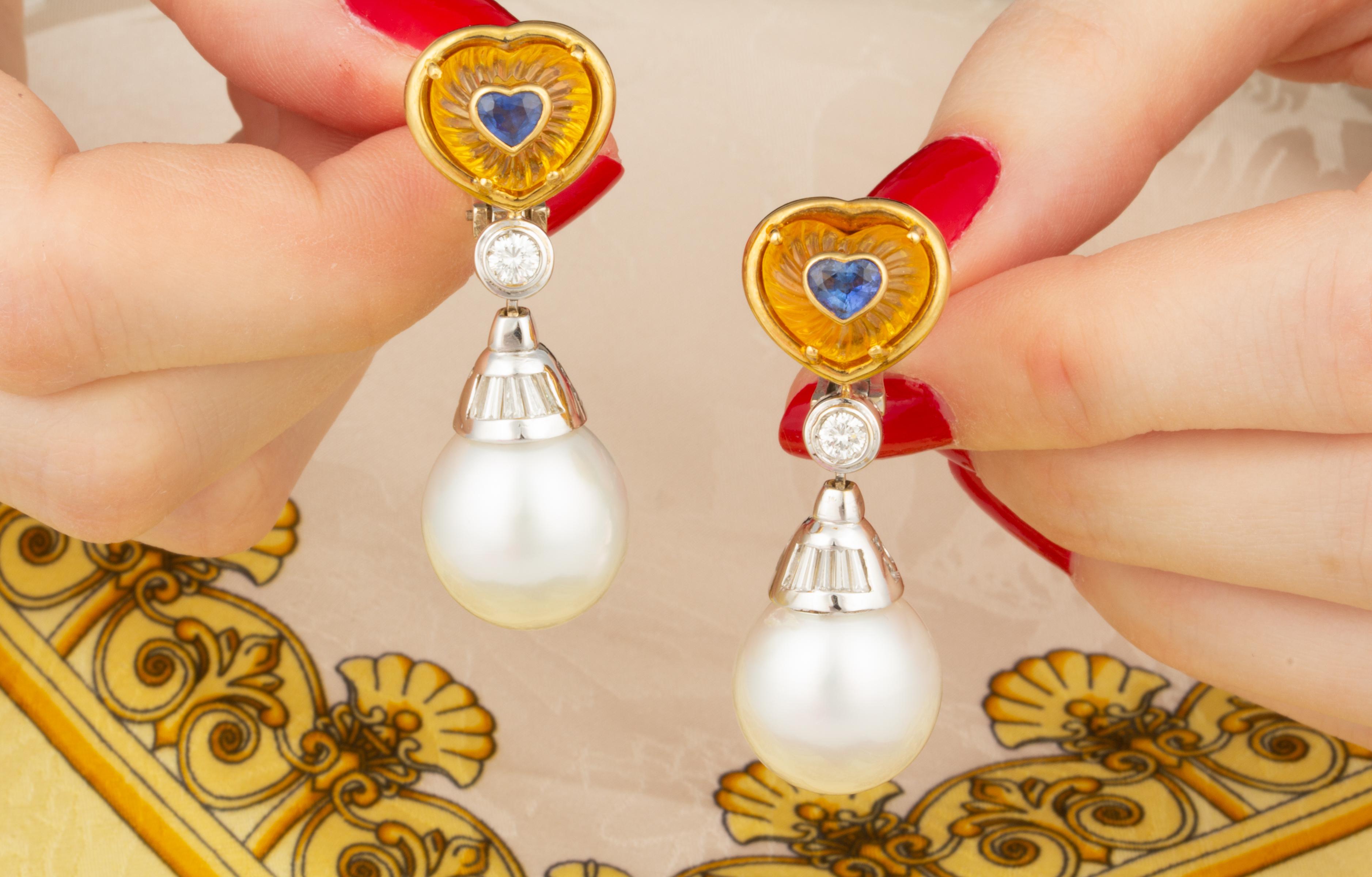 Heart Cut Ella Gafter Heart Shape Sapphire Pearl Diamond Earrings For Sale