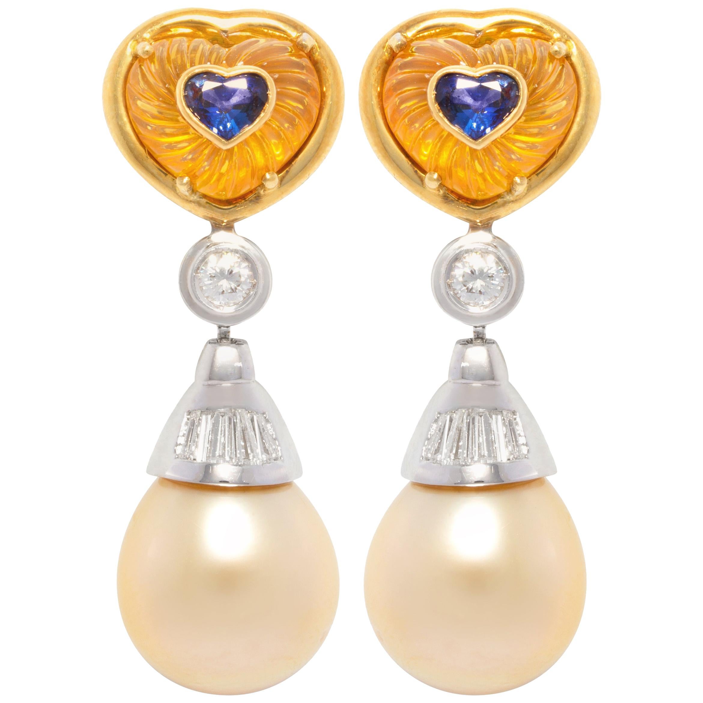Ella Gafter Heart Shape Sapphire Pearl Diamond Earrings For Sale