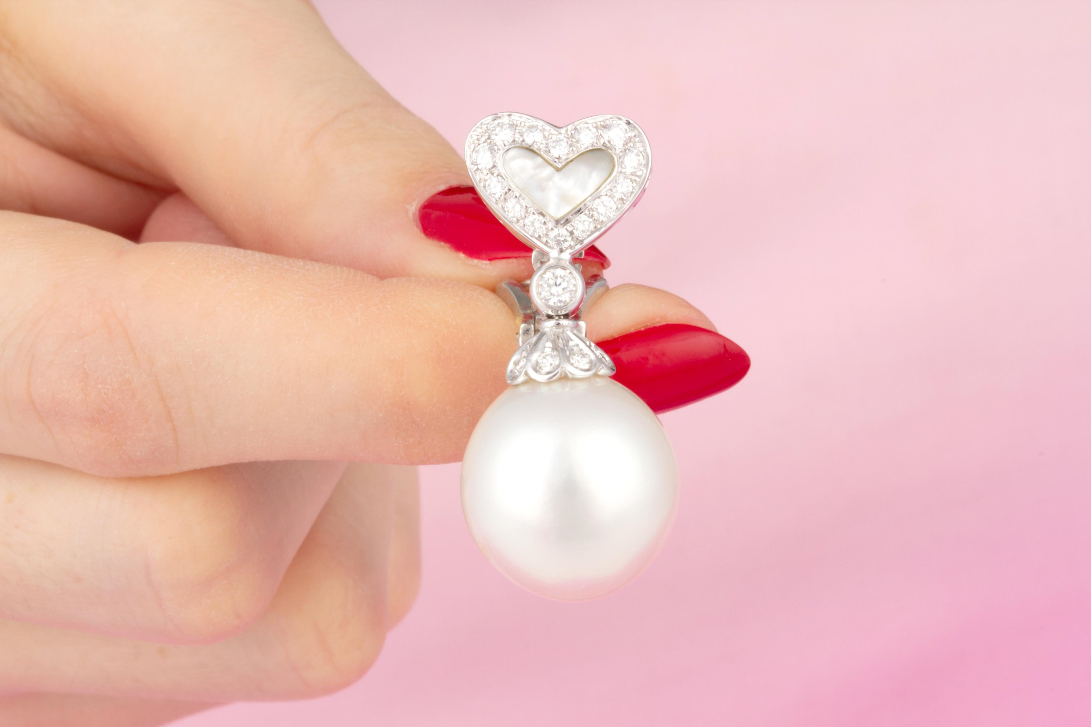 Brilliant Cut Heart Shape South Sea Pearl Diamond Drop Earrings Design by Ella Gafter For Sale
