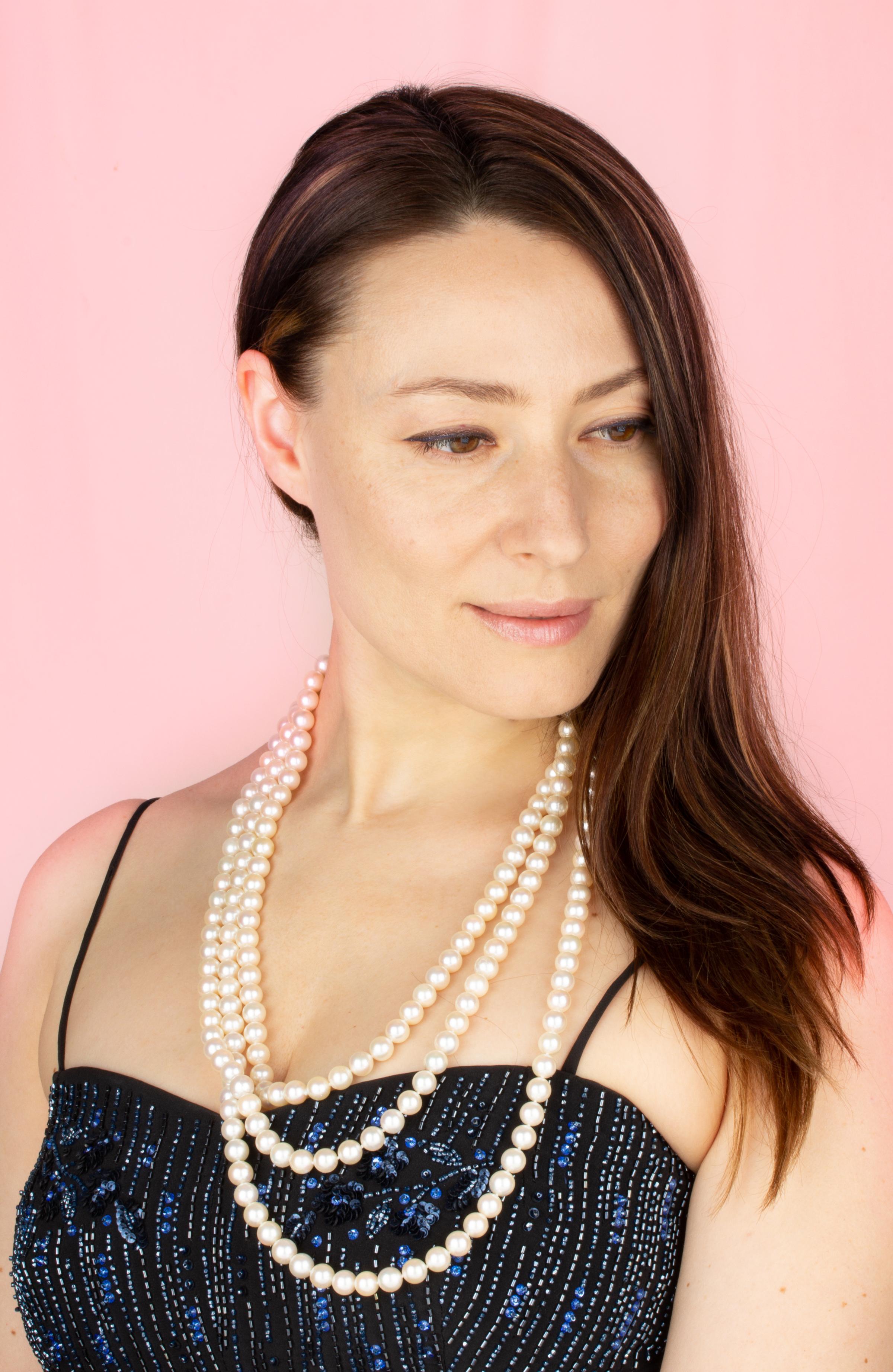 The 84” Japanese Akoya pearl necklace consists of 222 homogeneous round pearls (Pinctada Fucata) of 9.5mm diameter. The pearls display a lovely nacre, lustre, and iridescence. The necklace is held together by a handmade 18 carat white gold clasp