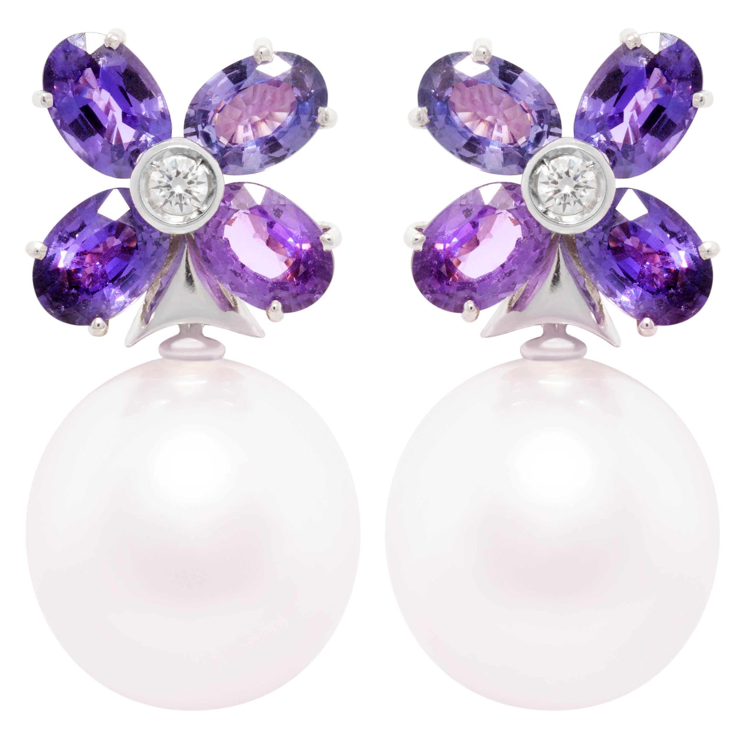 Zafiro Mar del Sur Perla Diamante Pendientes Flor Diseño de Ella Gafter