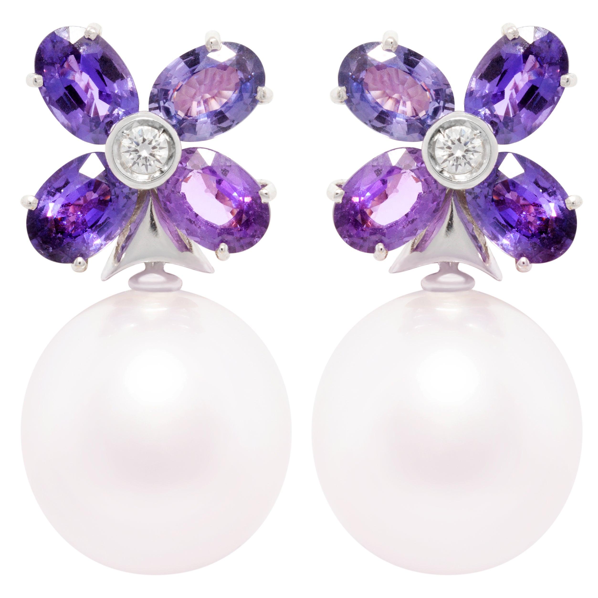 Ella Gafter Lavender Sapphire Pearl Flower Earrings For Sale