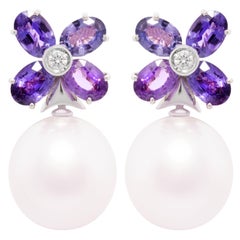 Sapphire South Sea Pearl Diamond Earrings Flower Design by Ella Gafter