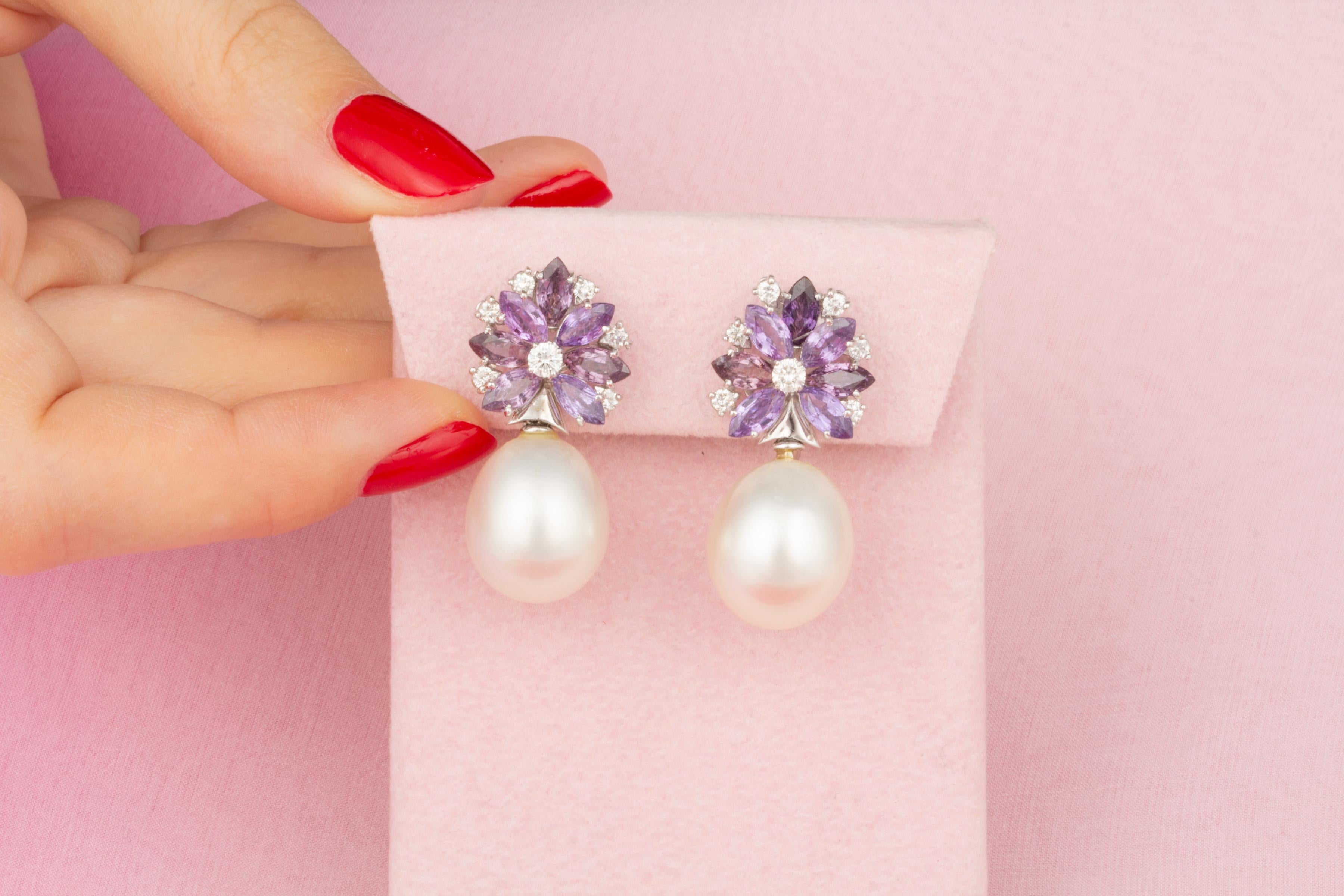 Ella Gafter Lavender Sapphire South Sea Pearl Earrings Flower Design In New Condition In New York, NY