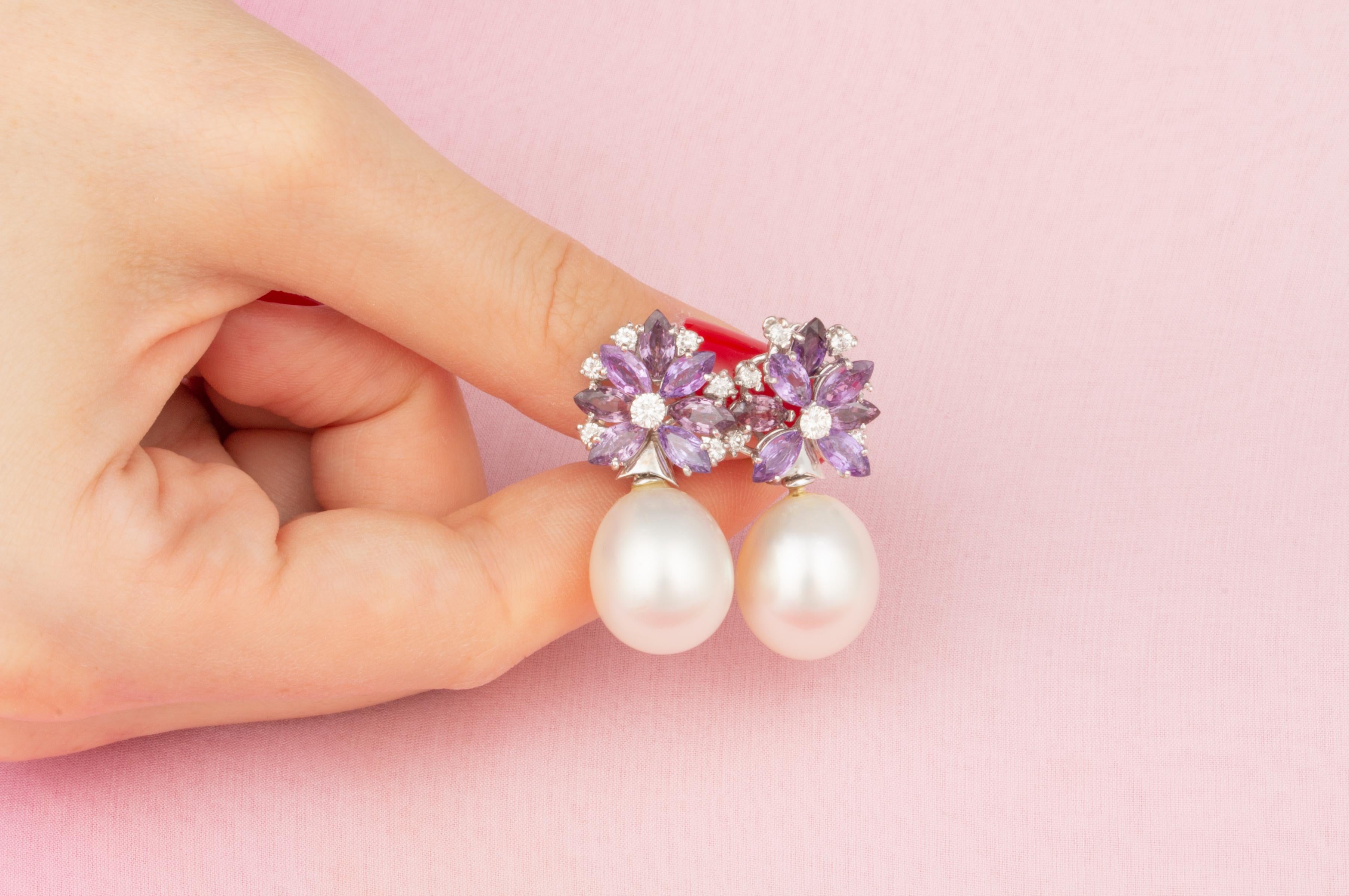 Ella Gafter Lavender Sapphire South Sea Pearl Earrings Flower Design 1