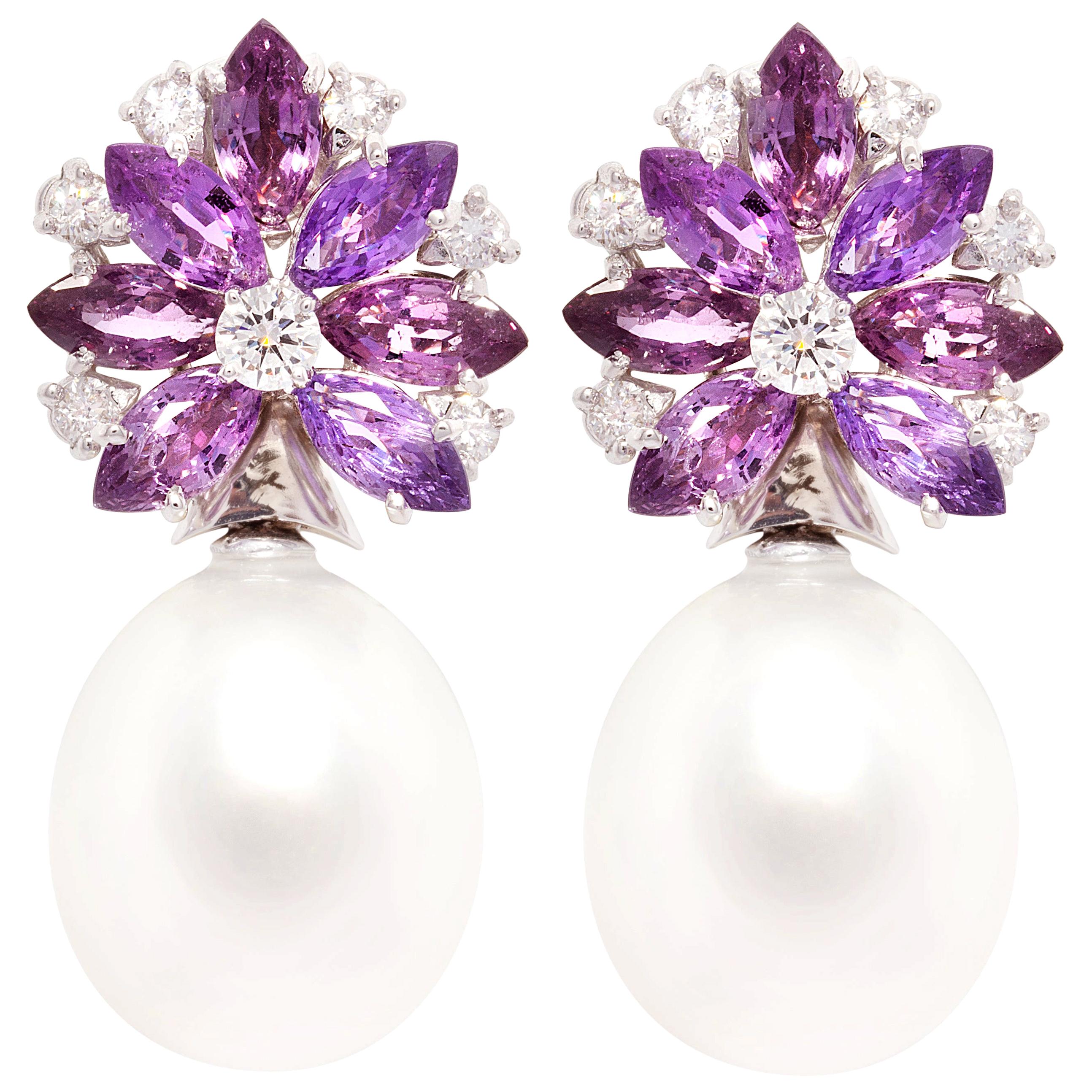 Ella Gafter Lavender Sapphire South Sea Pearl Earrings Flower Design