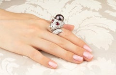 Leo Zodiac Cocktail Ring Tahitian Pearl Diamonds Design by Ella Gafter