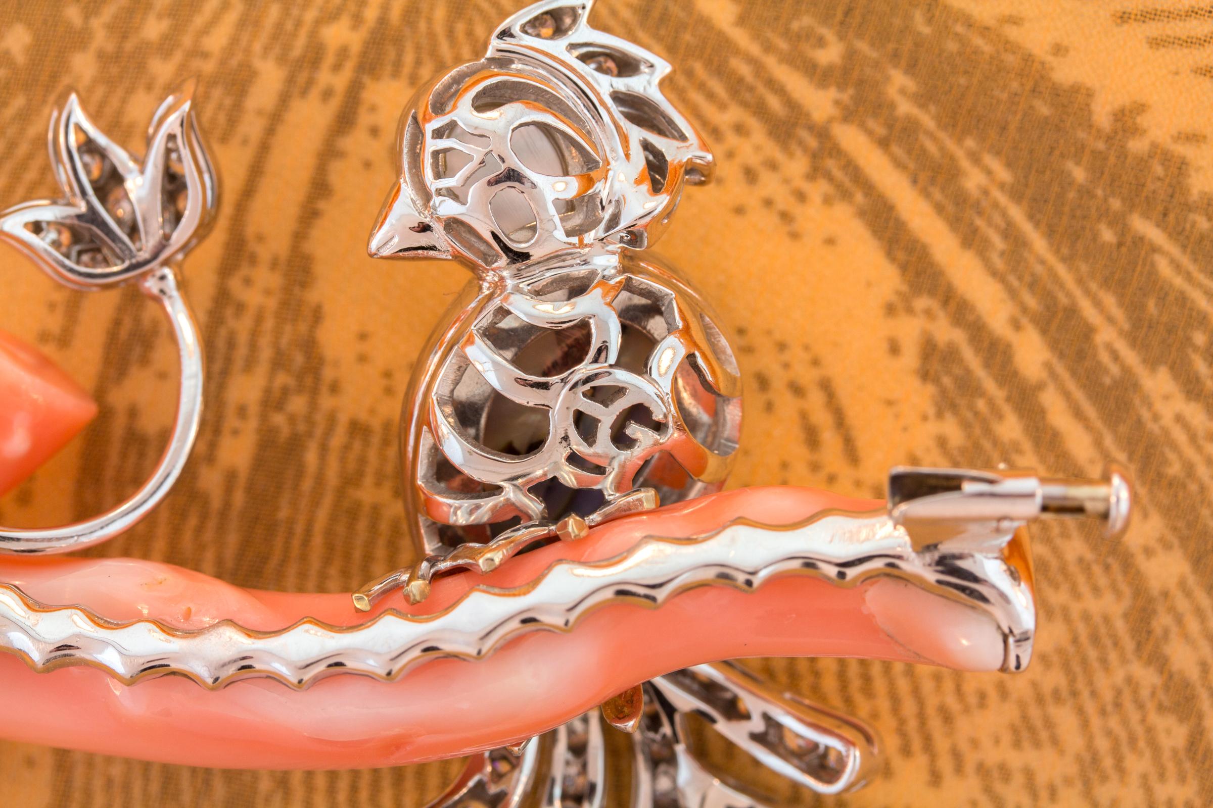 Love Bird Brooch Pin with Coral and Diamonds Design by Ella Gafter For Sale 3